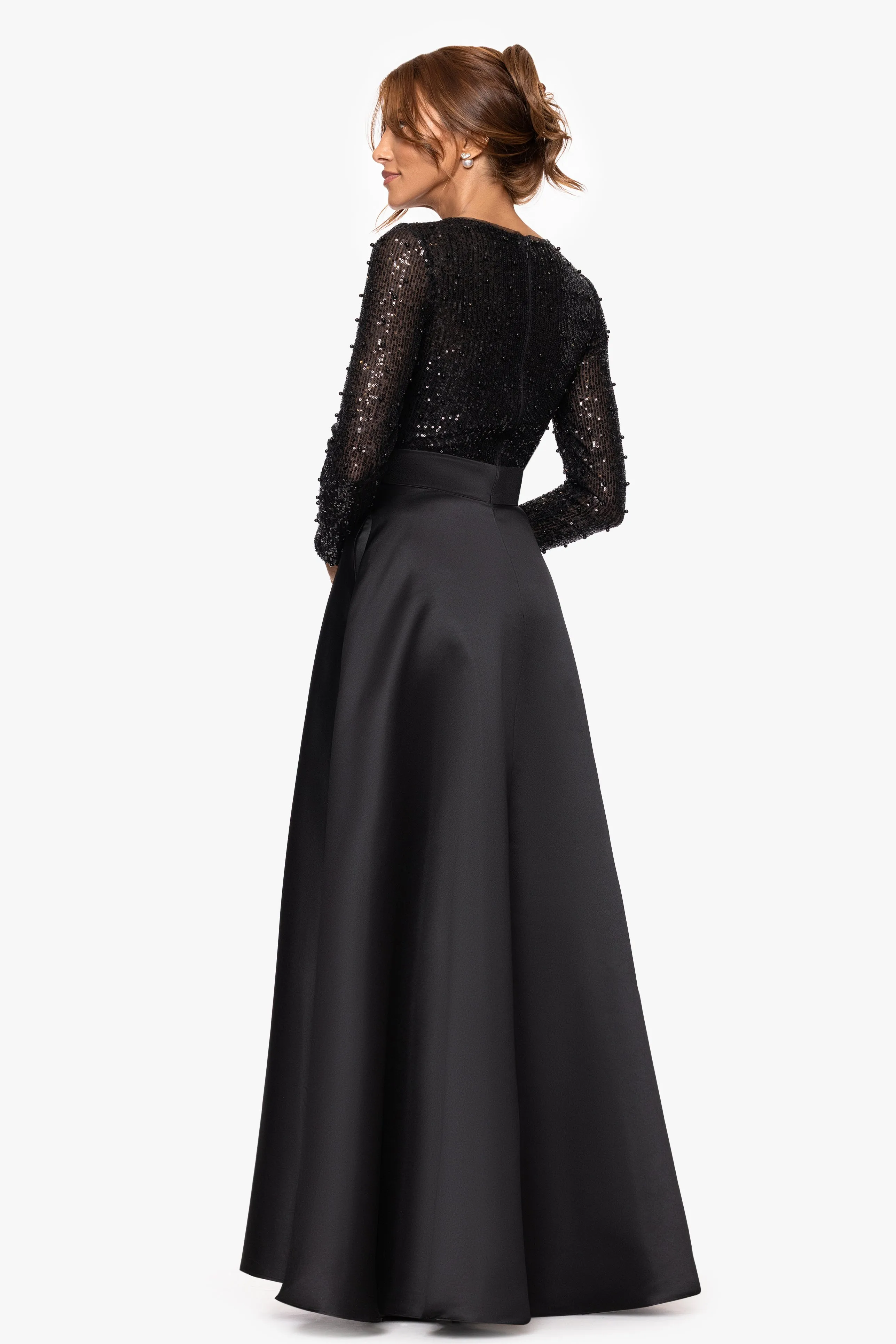 "Isabel" Satin Skirt and Sequin Bodice Long Sleeve Dress sold by Xscape product image thumbnail 3