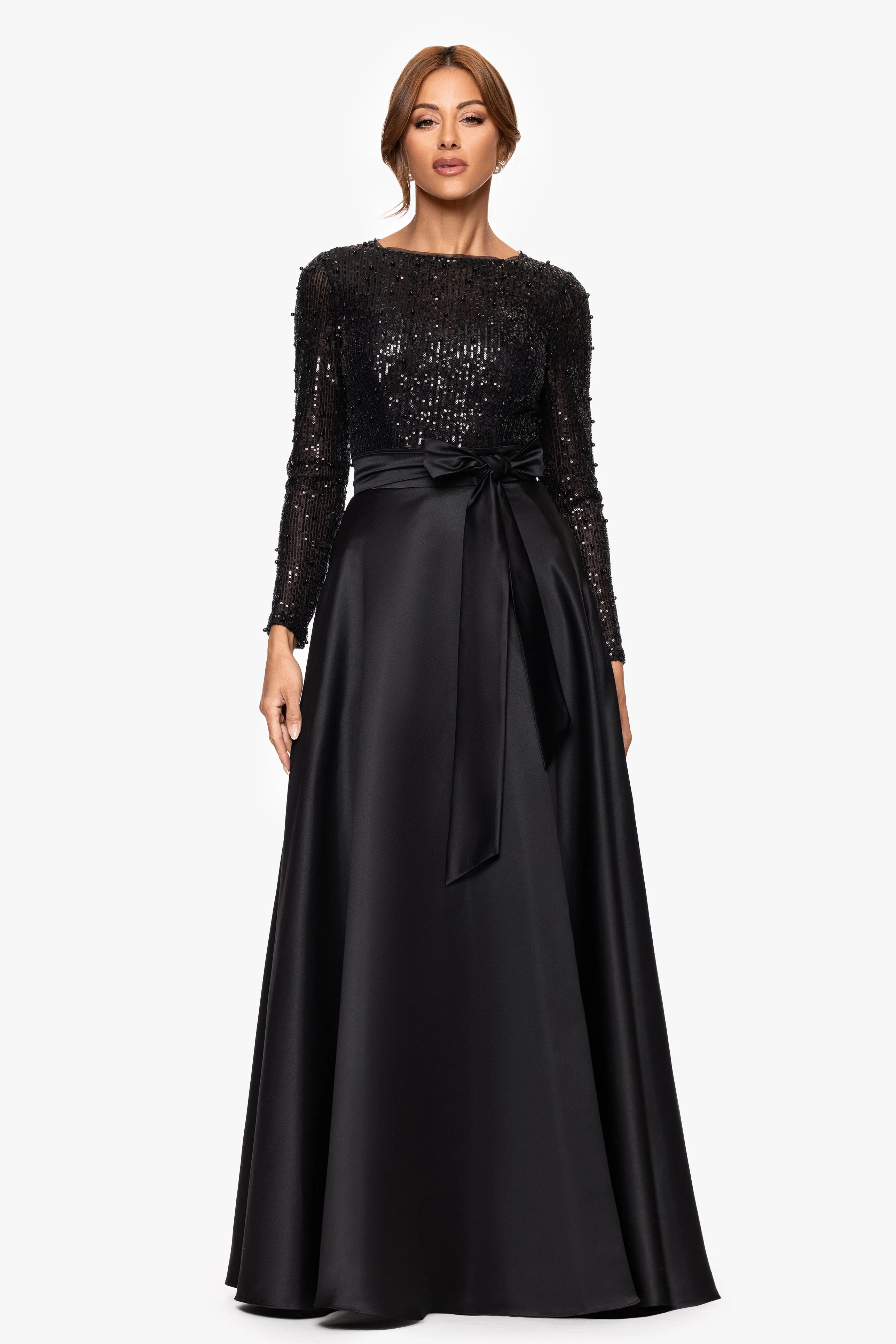 "Isabel" Satin Skirt and Sequin Bodice Long Sleeve Dress sold by Xscape product image thumbnail 5