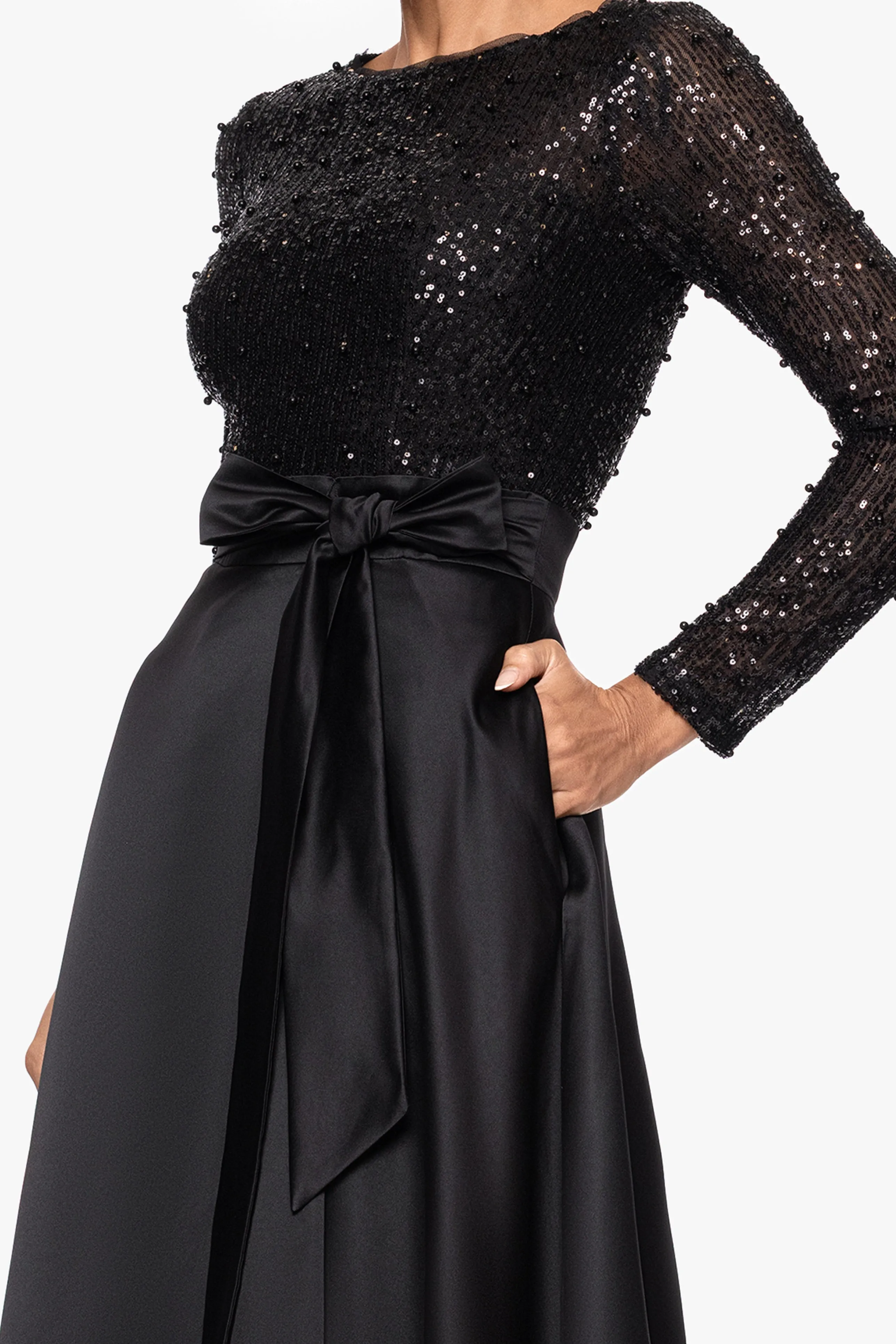 "Isabel" Satin Skirt and Sequin Bodice Long Sleeve Dress sold by Xscape product image thumbnail 2