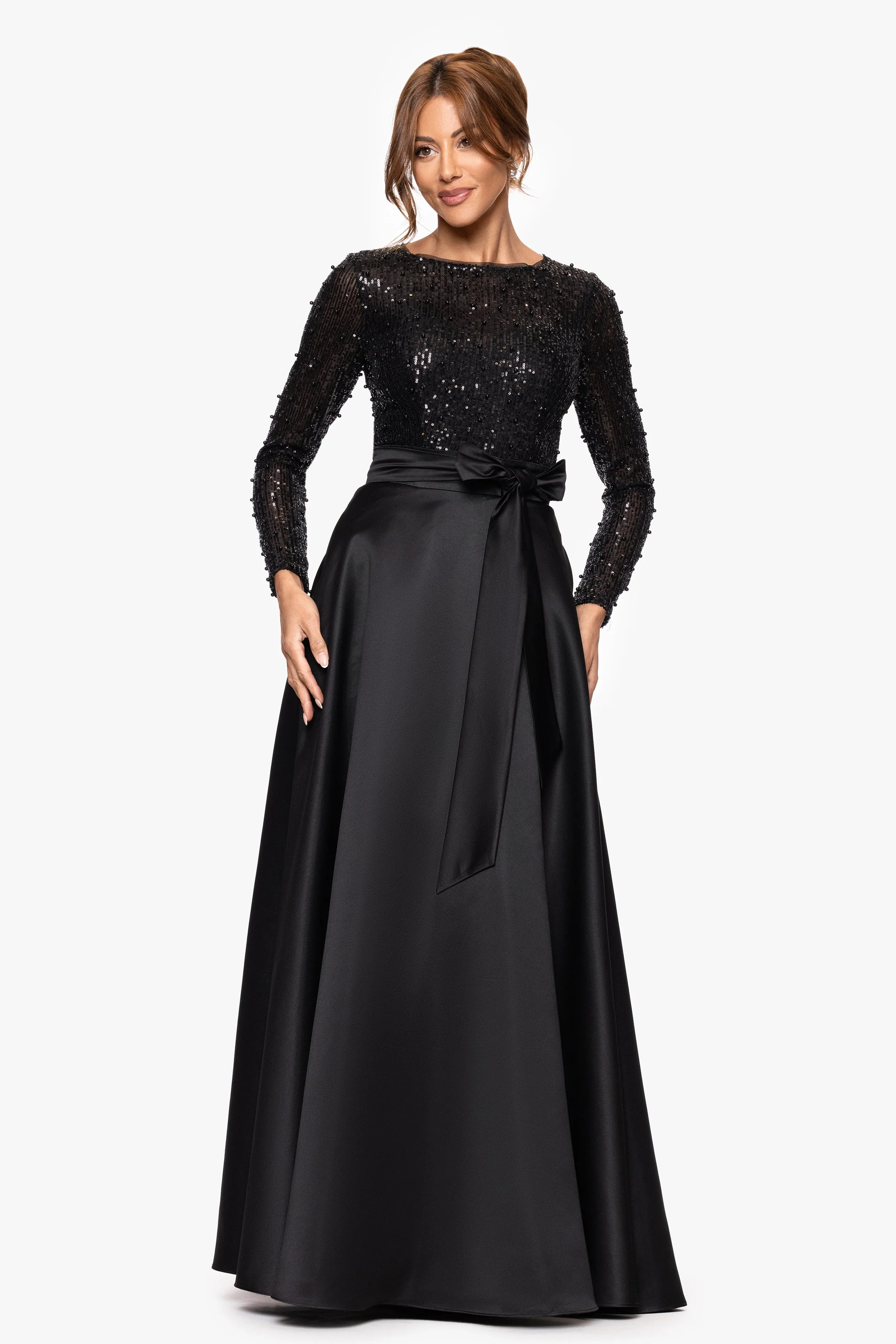 "Isabel" Satin Skirt and Sequin Bodice Long Sleeve Dress sold by Xscape
