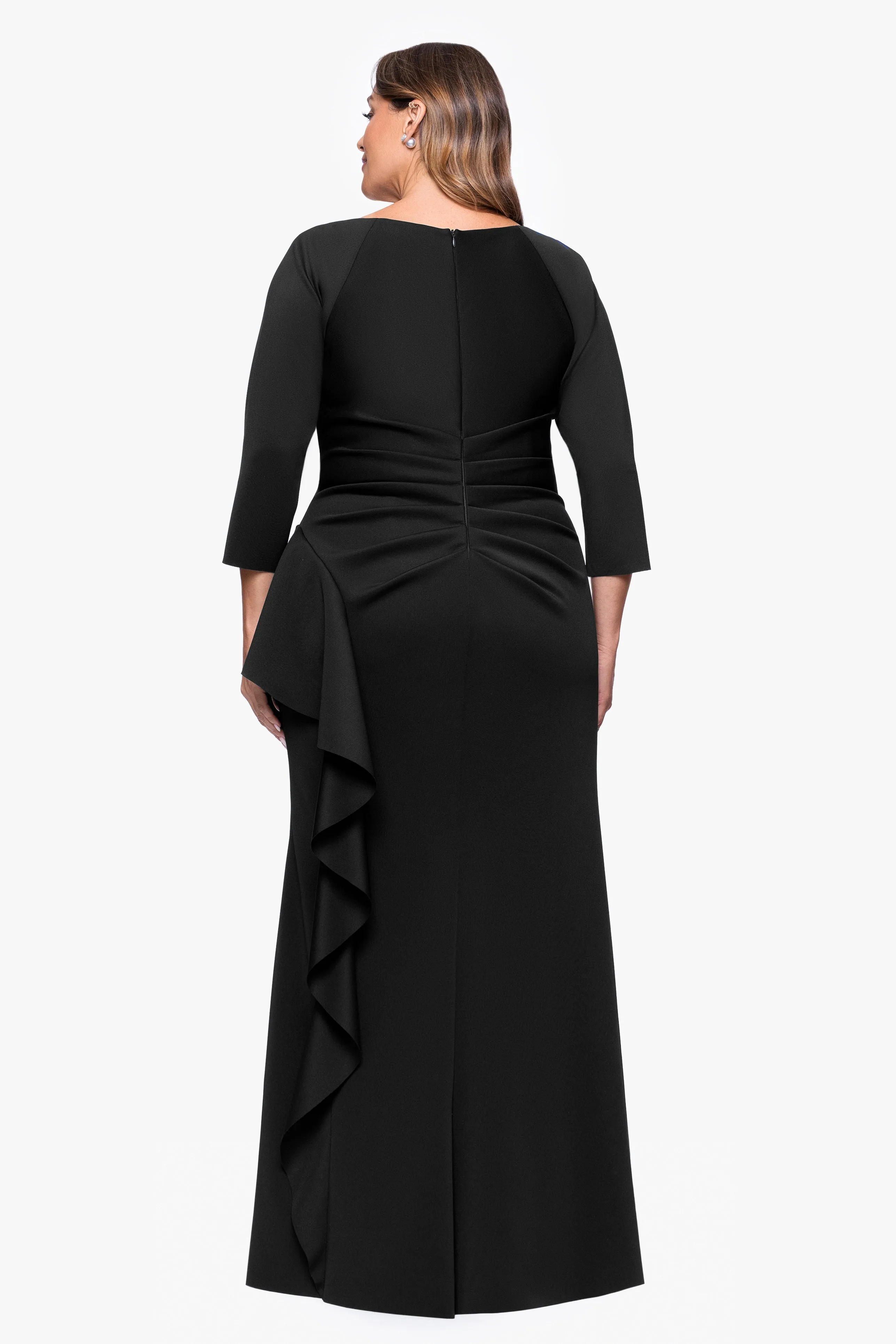 Plus "Amber" Techno Scuba 3/4 Sleeve V-Neck Ruffle Dress sold by Xscape product image thumbnail 3
