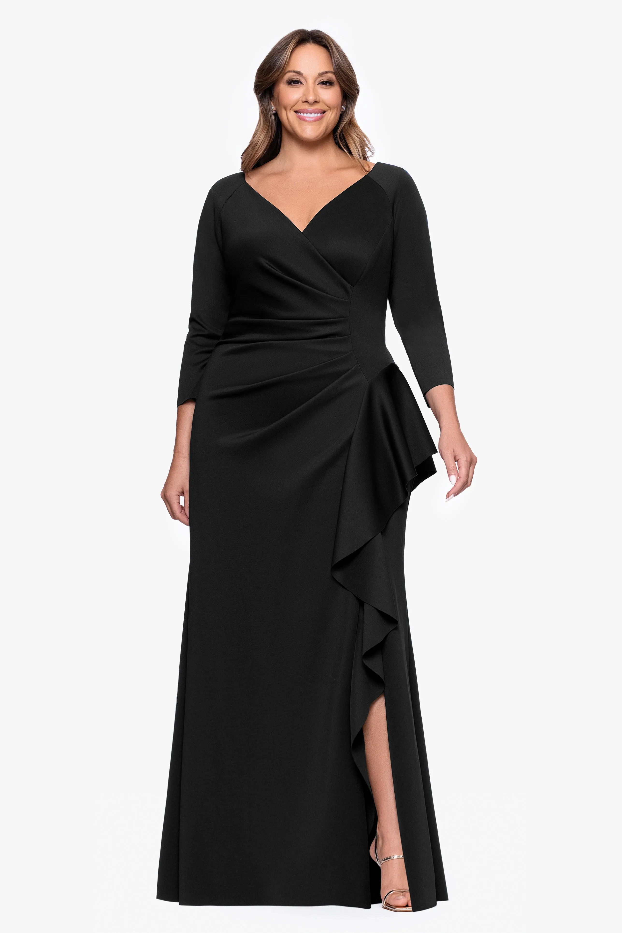 Plus "Amber" Techno Scuba 3/4 Sleeve V-Neck Ruffle Dress sold by Xscape