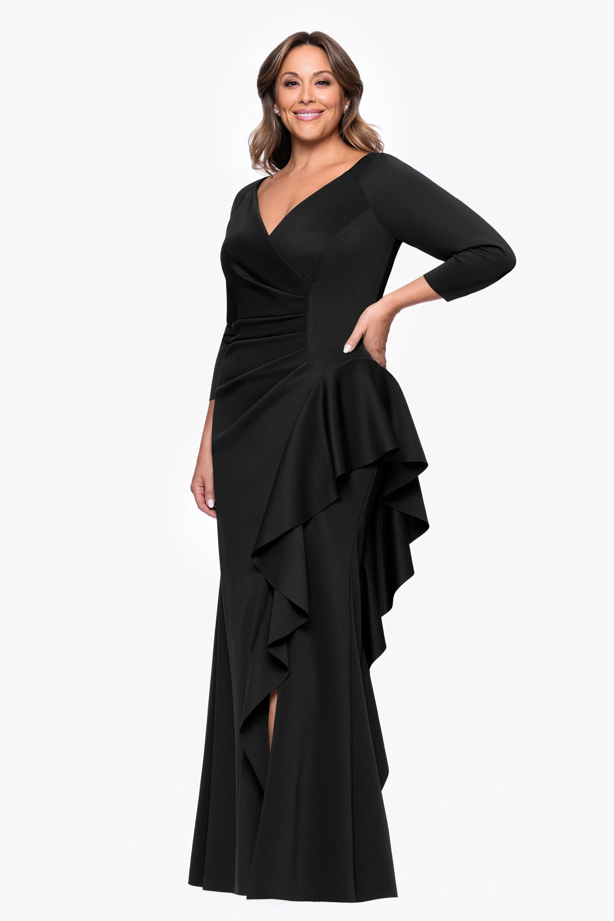 Plus "Amber" Techno Scuba 3/4 Sleeve V-Neck Ruffle Dress sold by Xscape product image thumbnail 4