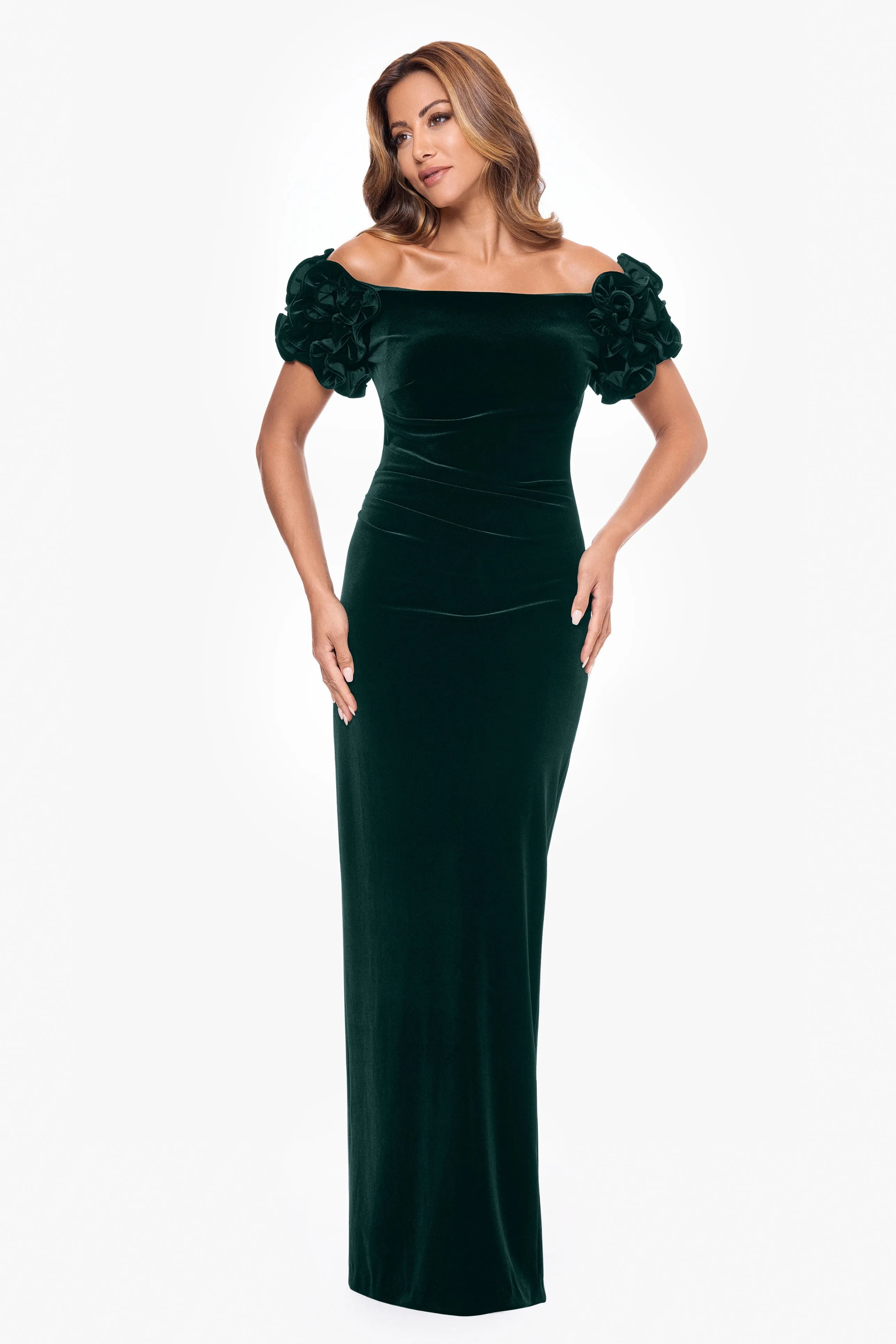 Petite "Rosie" Velvet Off the Shoulder Ruffle Sleeve Dress sold by Xscape product image thumbnail 5