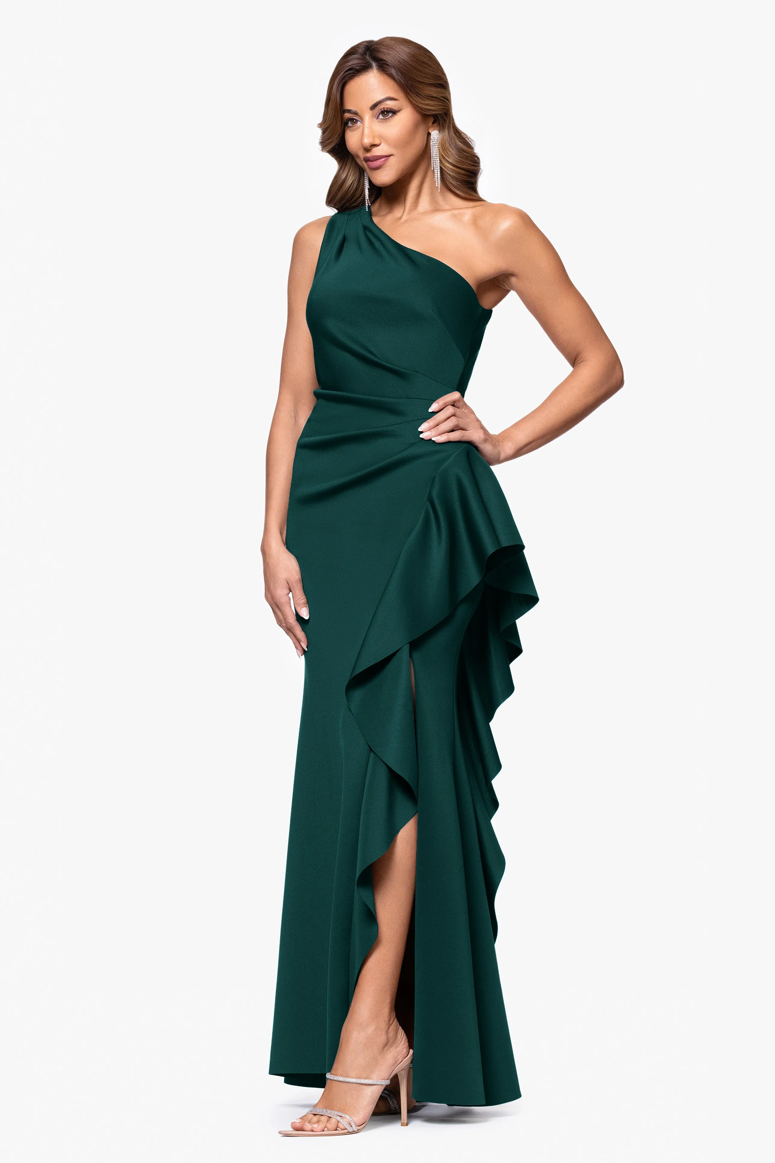 "Flo" Techno Scuba One Shoulder Ruffle Dress sold by Xscape product image thumbnail 4
