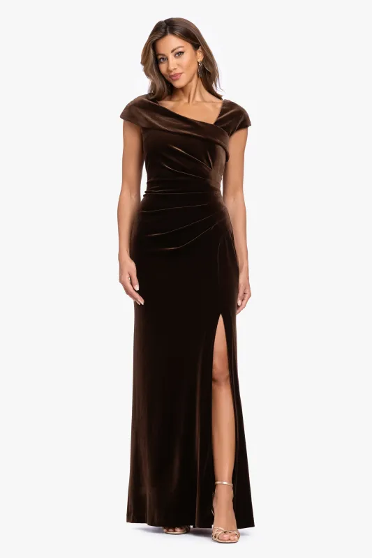 "Katrina" Velvet Asymmetrical Neckline Cap Sleeve Dress made by Xscape