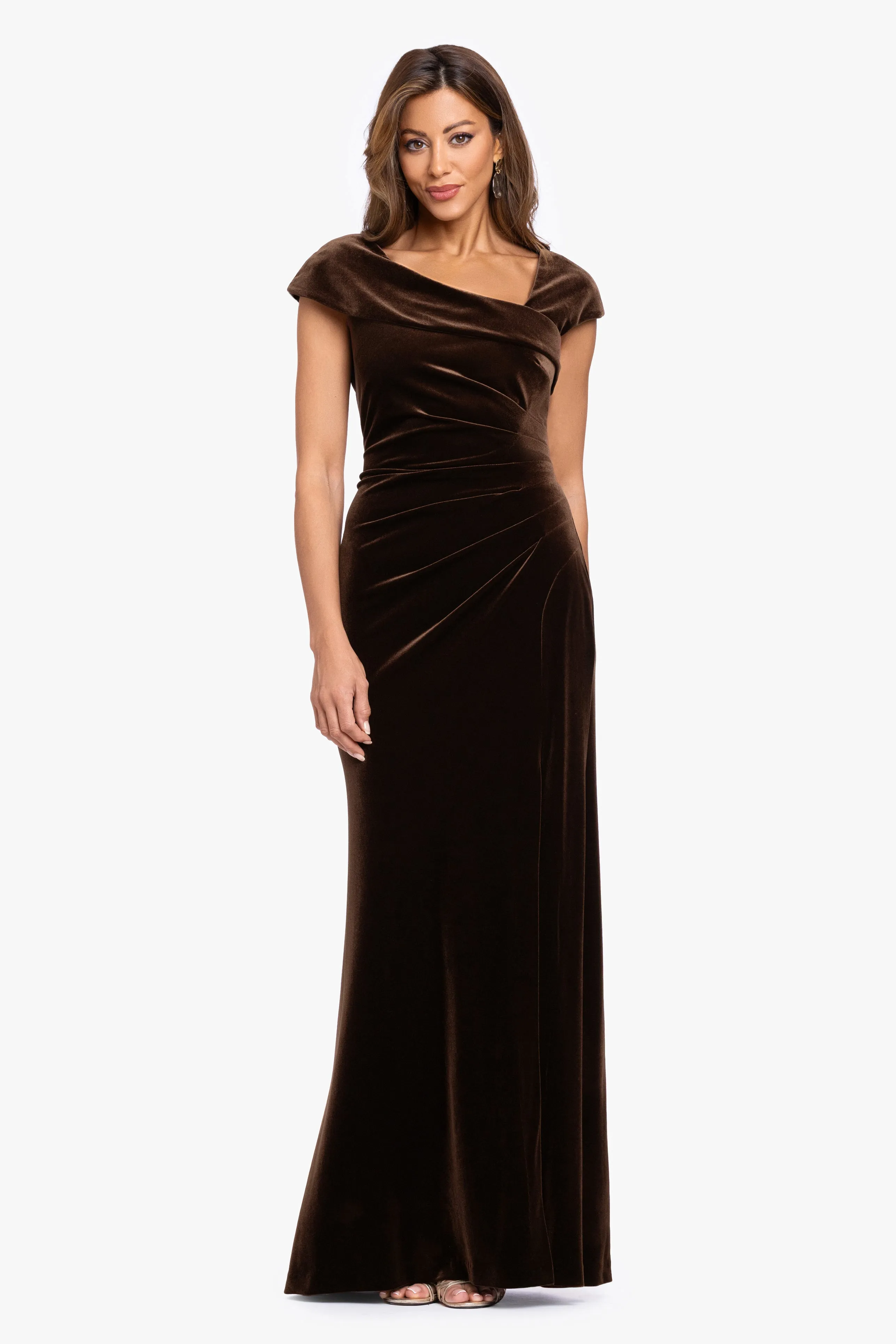 "Katrina" Velvet Asymmetrical Neckline Cap Sleeve Dress sold by Xscape product image thumbnail 5