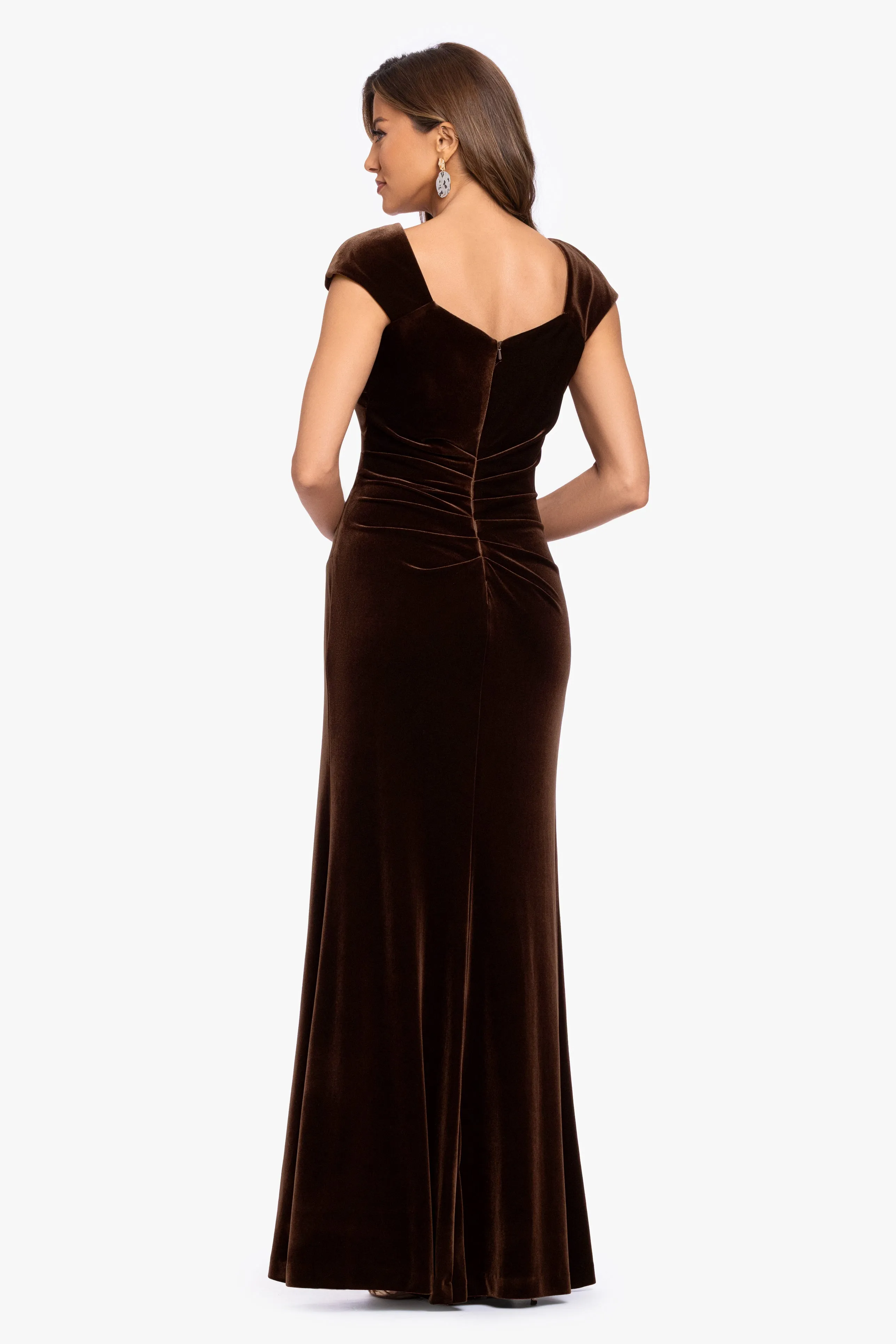 "Katrina" Velvet Asymmetrical Neckline Cap Sleeve Dress sold by Xscape product image thumbnail 3