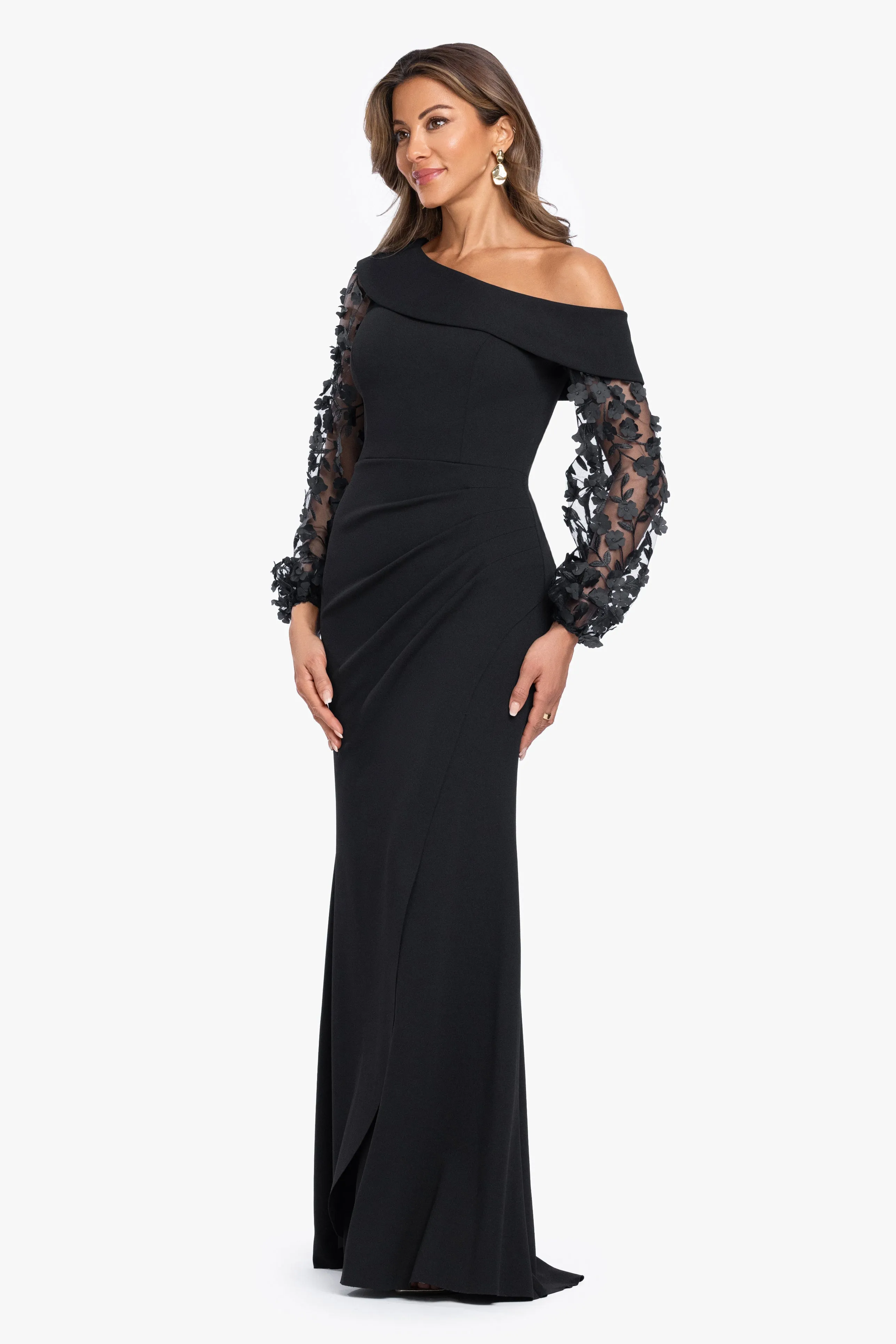"Ariana" Scuba Crepe Off The Shoulder Long Sleeve Dress sold by Xscape product image thumbnail 4