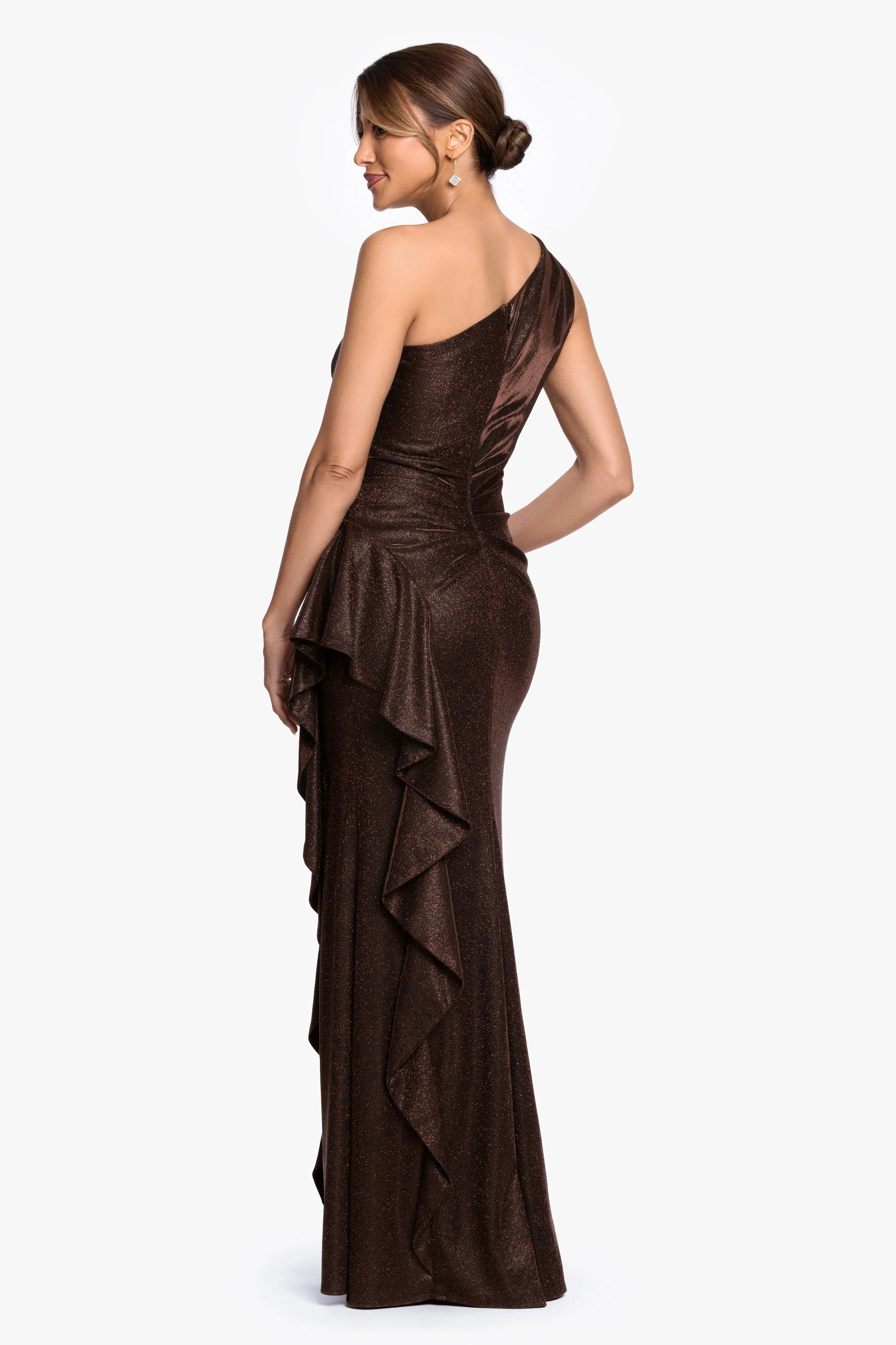 "Shannon" Galaxy Glitter One Shoulder Ruffle Dress sold by Xscape product image thumbnail 4