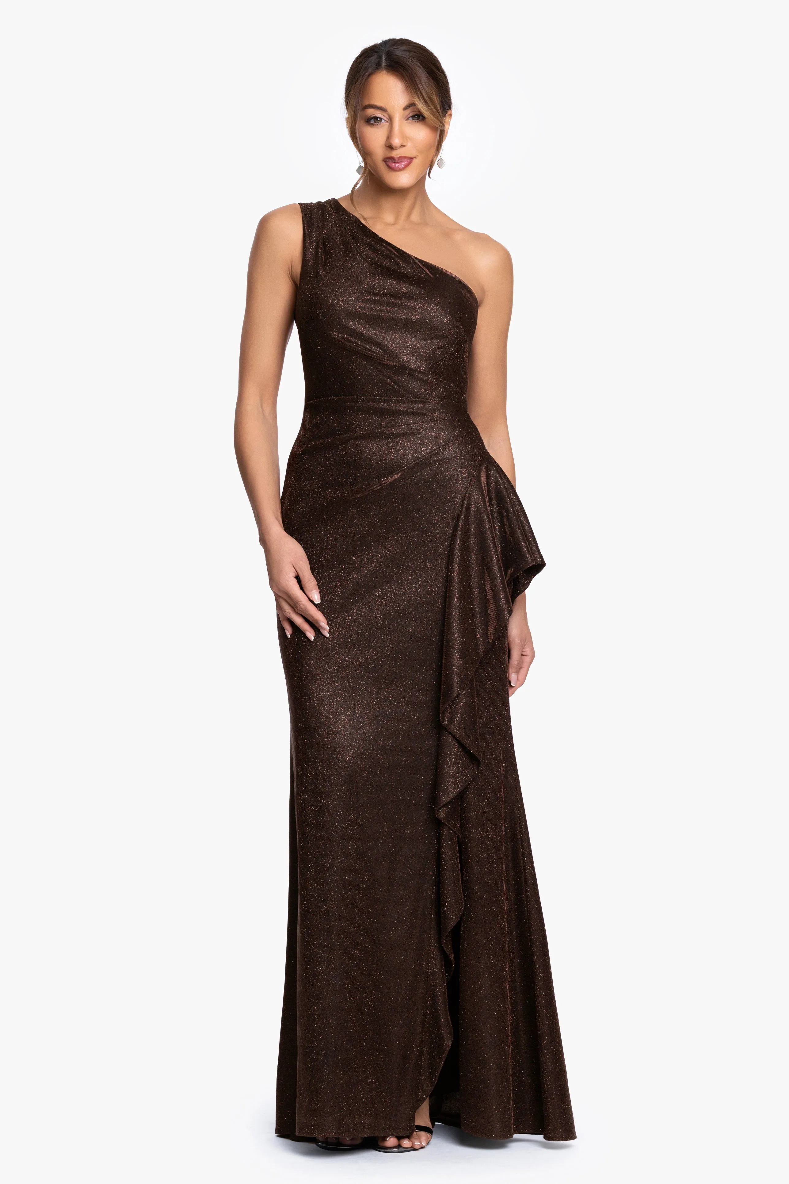 "Shannon" Galaxy Glitter One Shoulder Ruffle Dress sold by Xscape product image thumbnail 2