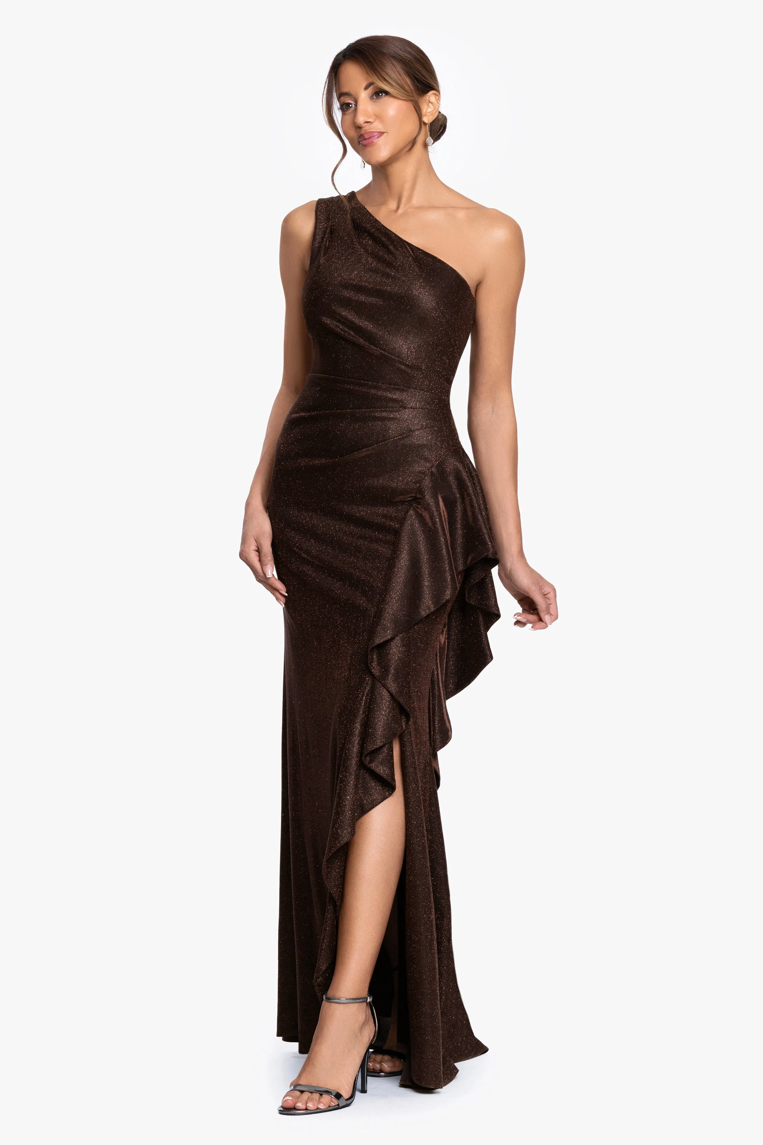 "Shannon" Galaxy Glitter One Shoulder Ruffle Dress sold by Xscape product image thumbnail 5