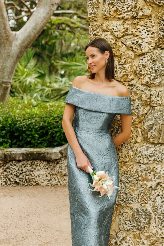 Petite "Barbara" Brocade Off The Shoulder Dress made by Xscape