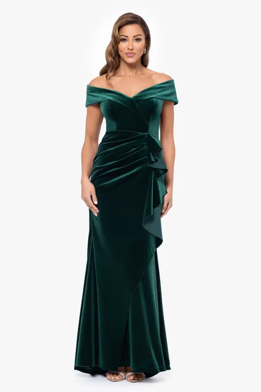 Petite "Alana" Long Off The Shoulder Velvet Ruffle Dress made by Xscape