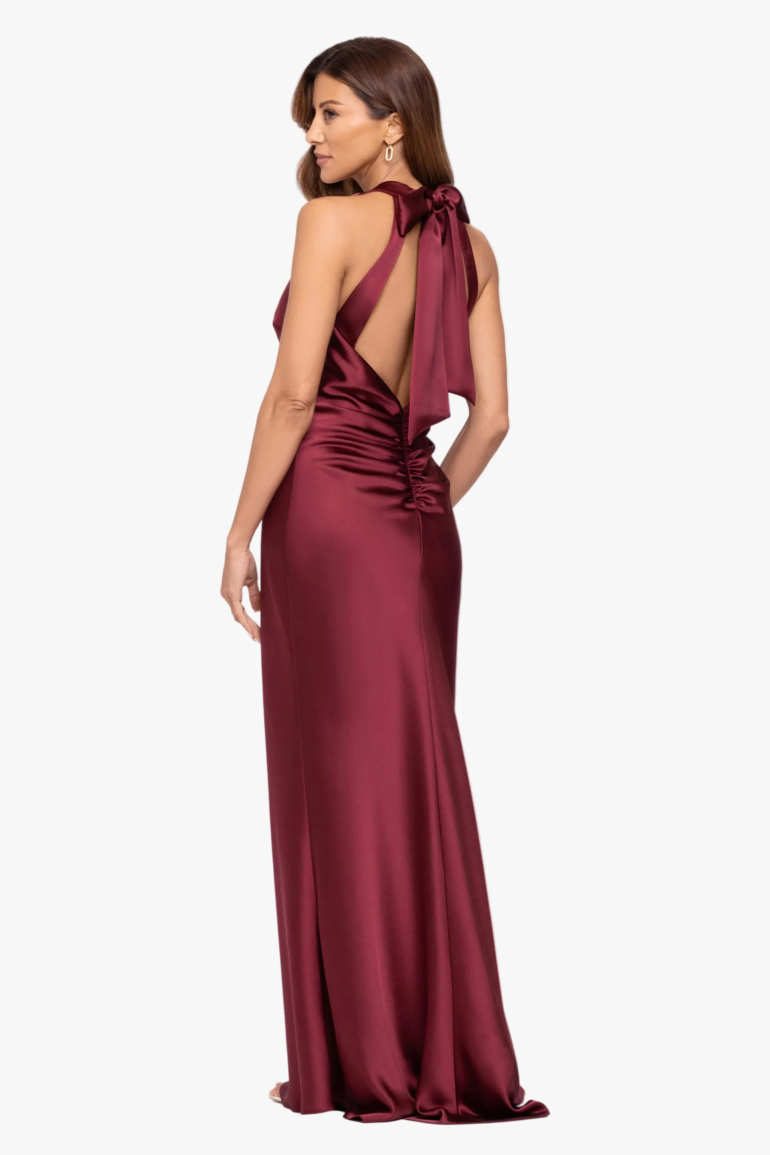 "Jade" Satin Tie Neck Ruched Dress sold by Xscape product image thumbnail 3