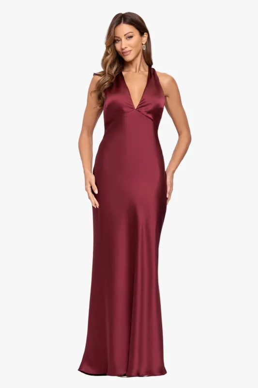 "Jade" Satin Tie Neck Ruched Dress made by Xscape