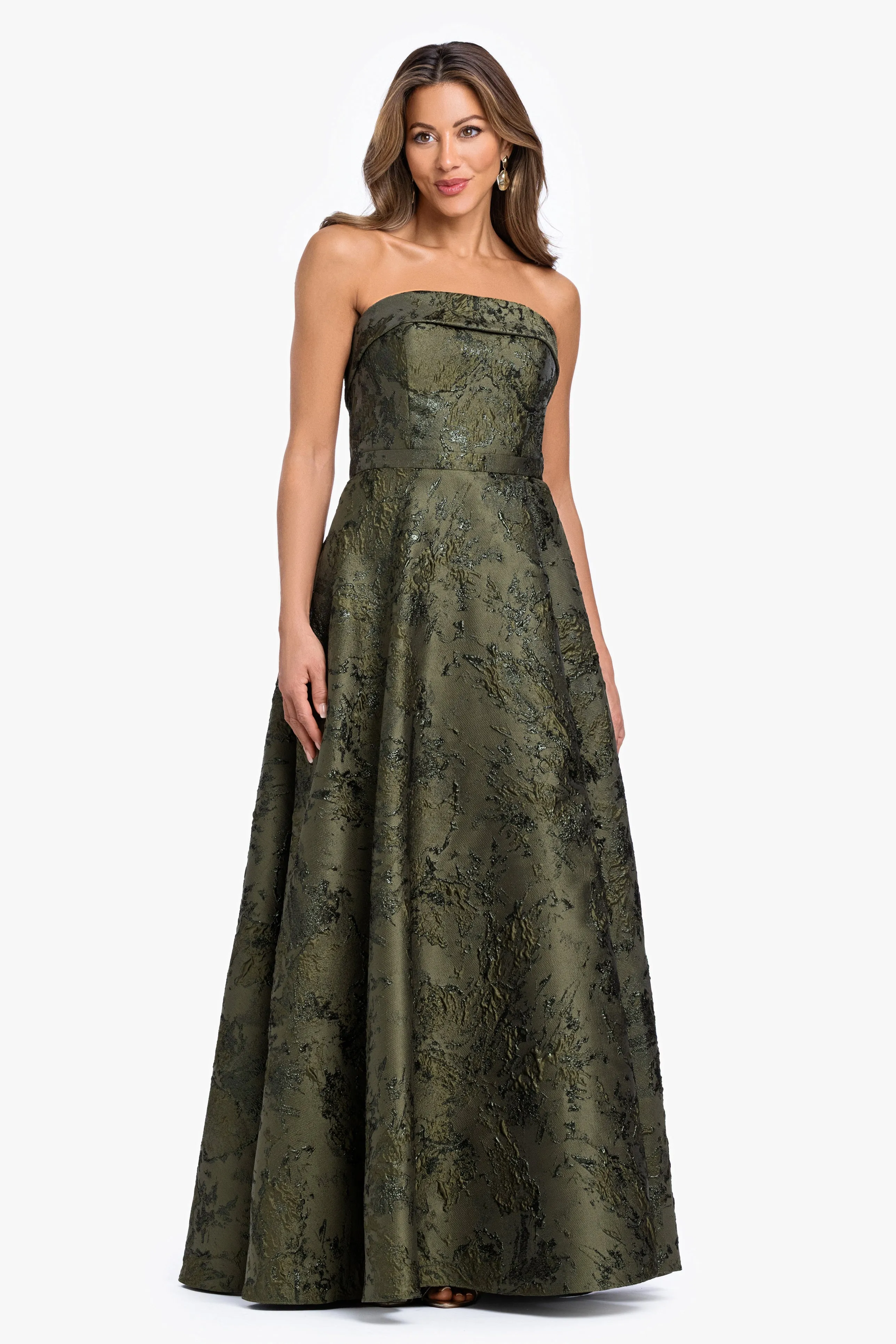"Nadine" Brocade Strapless Gown sold by Xscape