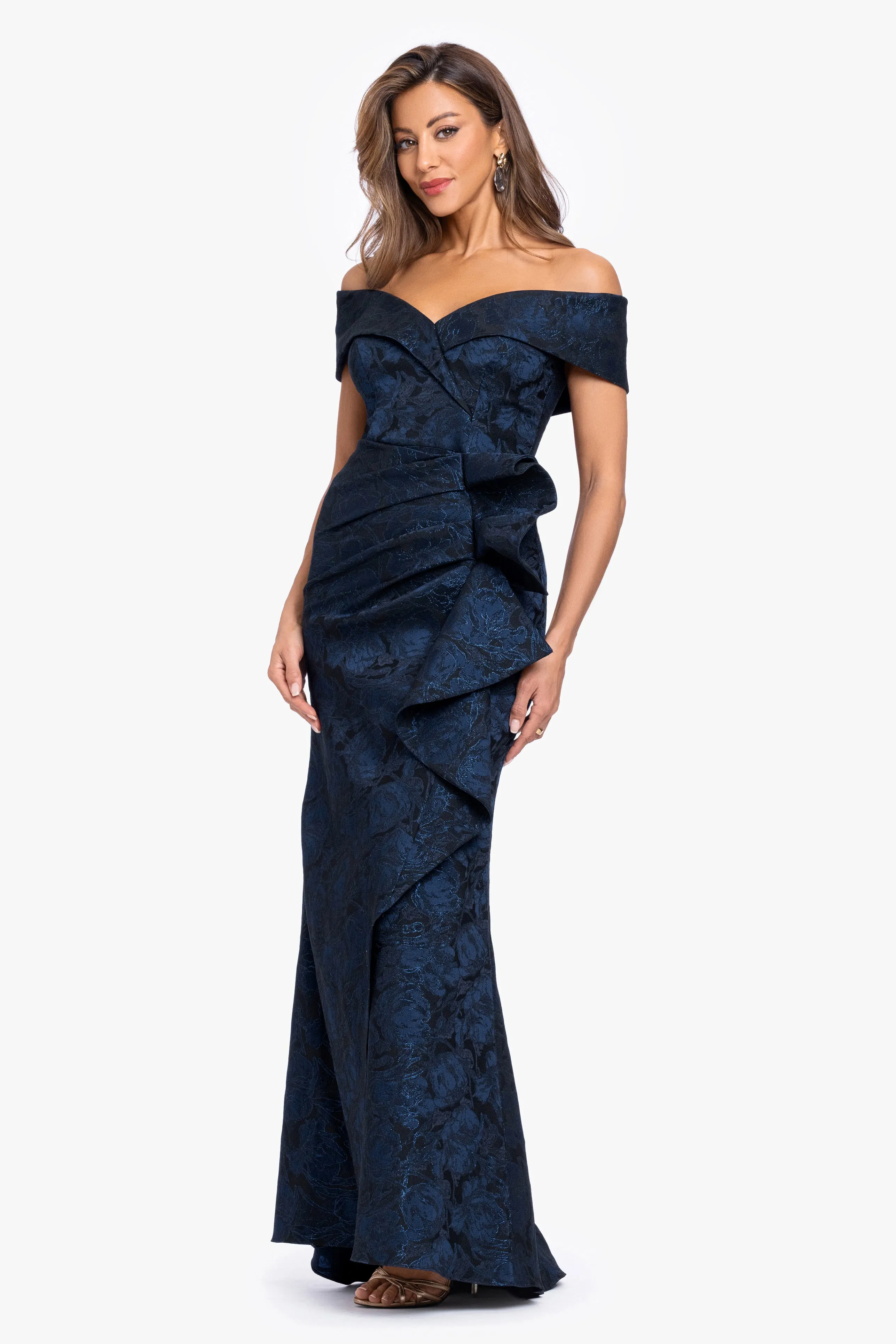 "Bonnie" Jacquard Off The Shoulder Side Ruffle sold by Xscape product image thumbnail 5