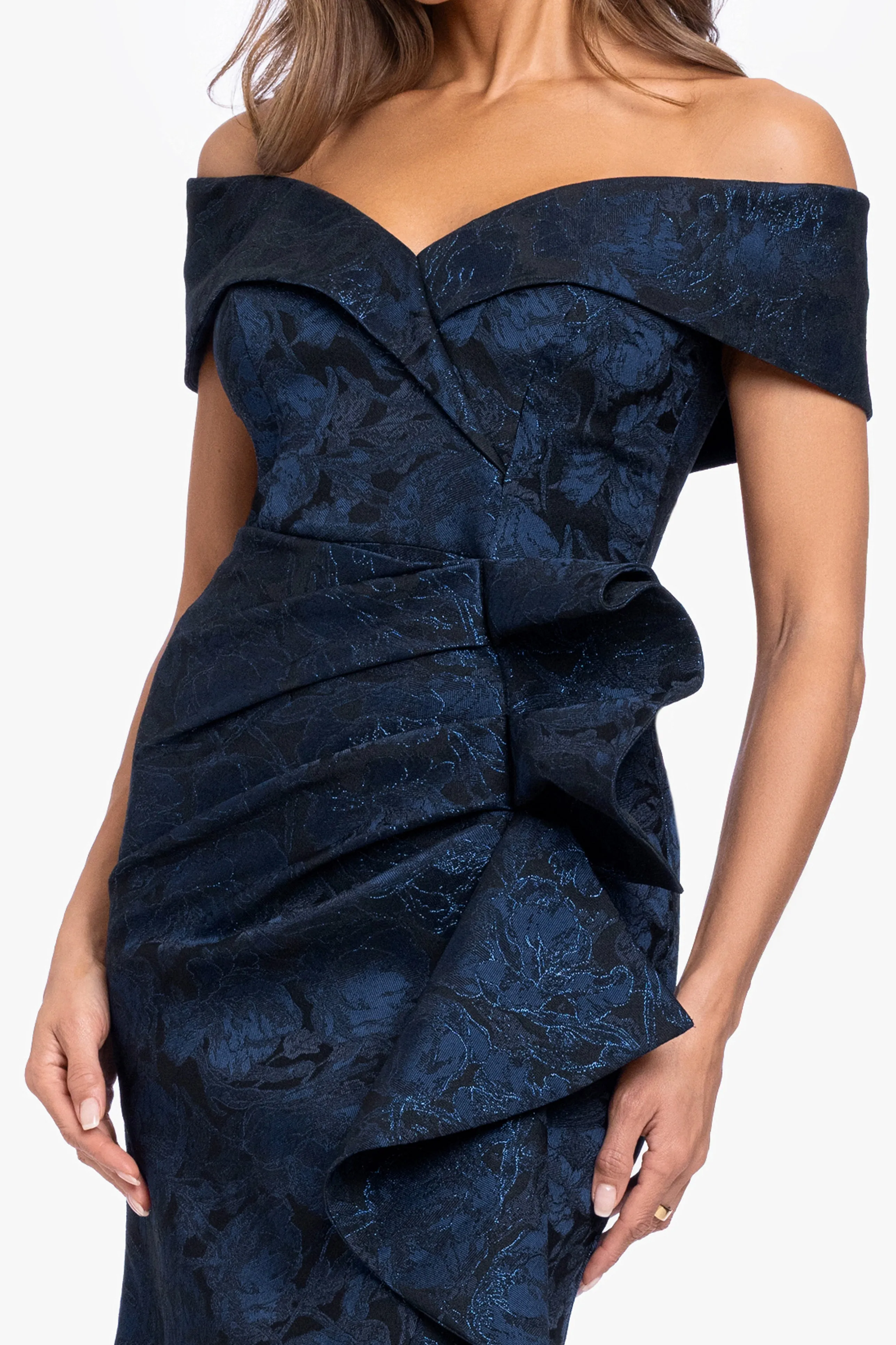 "Bonnie" Jacquard Off The Shoulder Side Ruffle sold by Xscape product image thumbnail 3