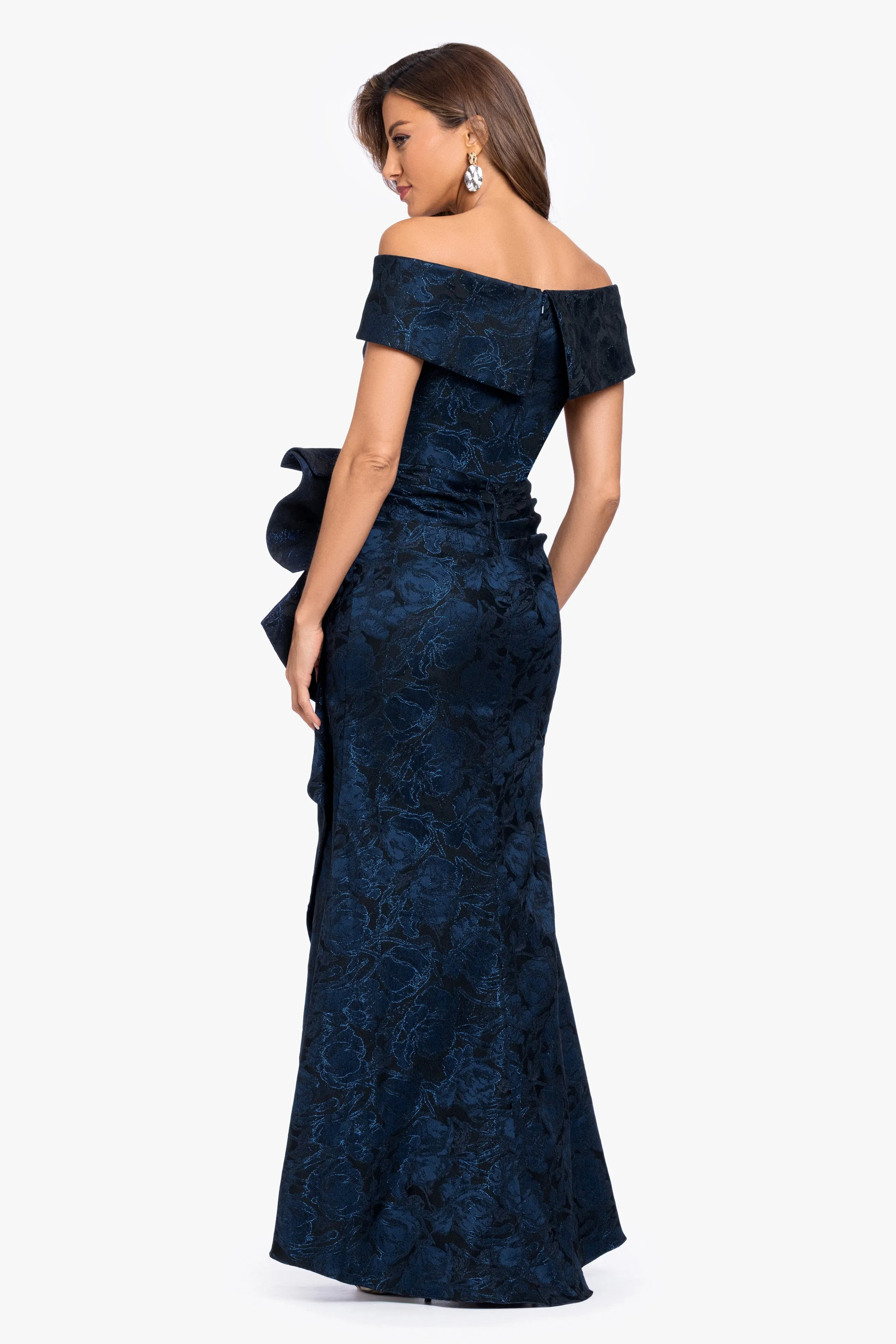 "Bonnie" Jacquard Off The Shoulder Side Ruffle sold by Xscape product image thumbnail 4