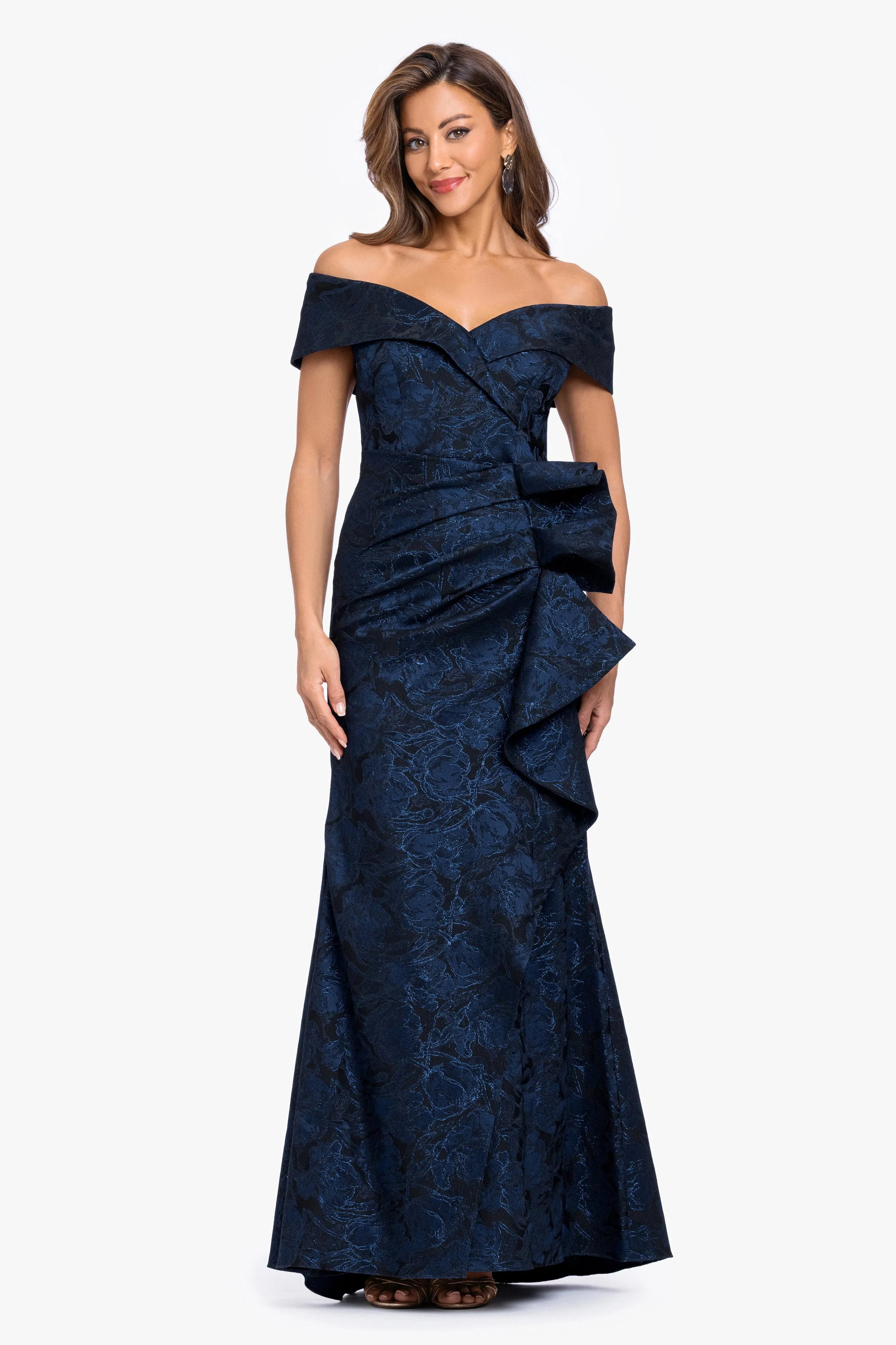 "Bonnie" Jacquard Off The Shoulder Side Ruffle sold by Xscape product image thumbnail 2