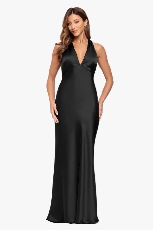 "Jade" Satin Tie Neck Ruched Dress made by Xscape