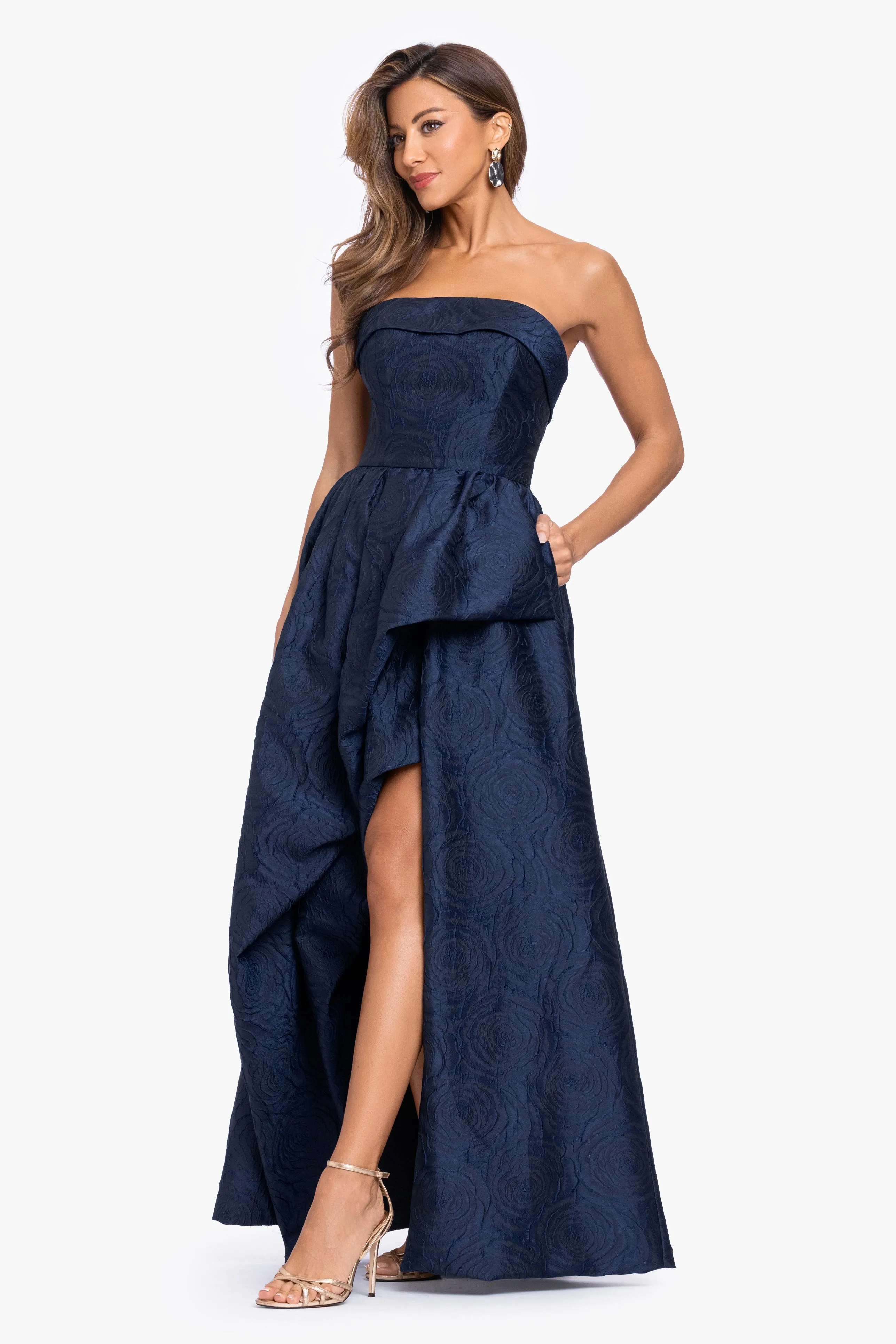 "Theo" Brocade Strapless Ruffle Dress sold by Xscape product image thumbnail 4