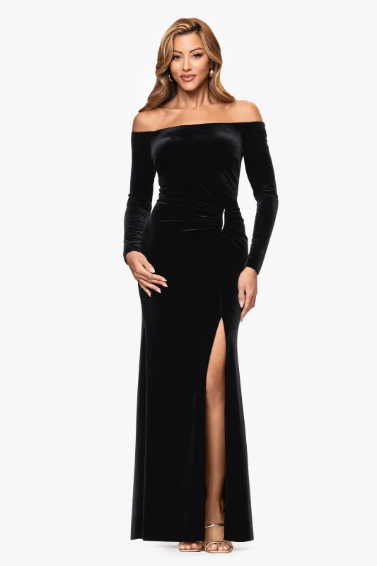 "Danni" Velvet Off The Shoulder Long Sleeve Dress made by Xscape