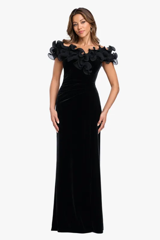 "Amora" Velvet Off The Shoulder Chiffon Ruffle Dress made by Xscape