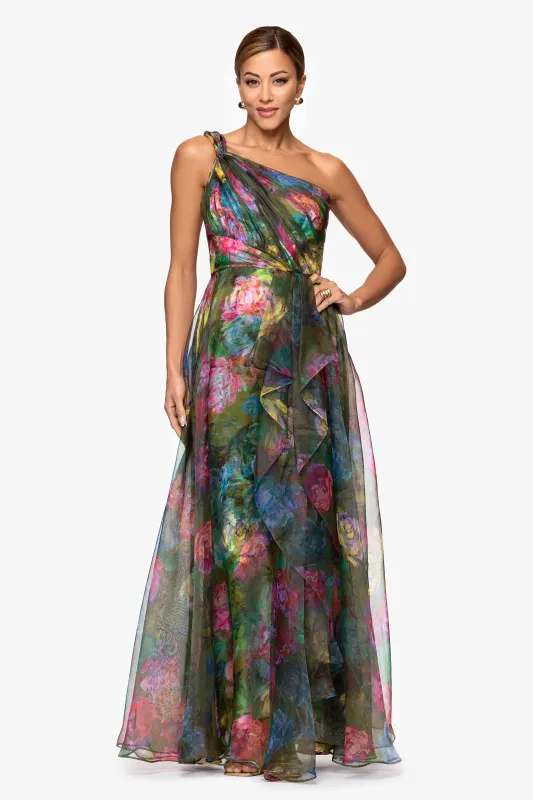 "Vera" Printed Organza One Shoulder Floor Dress made by Xscape