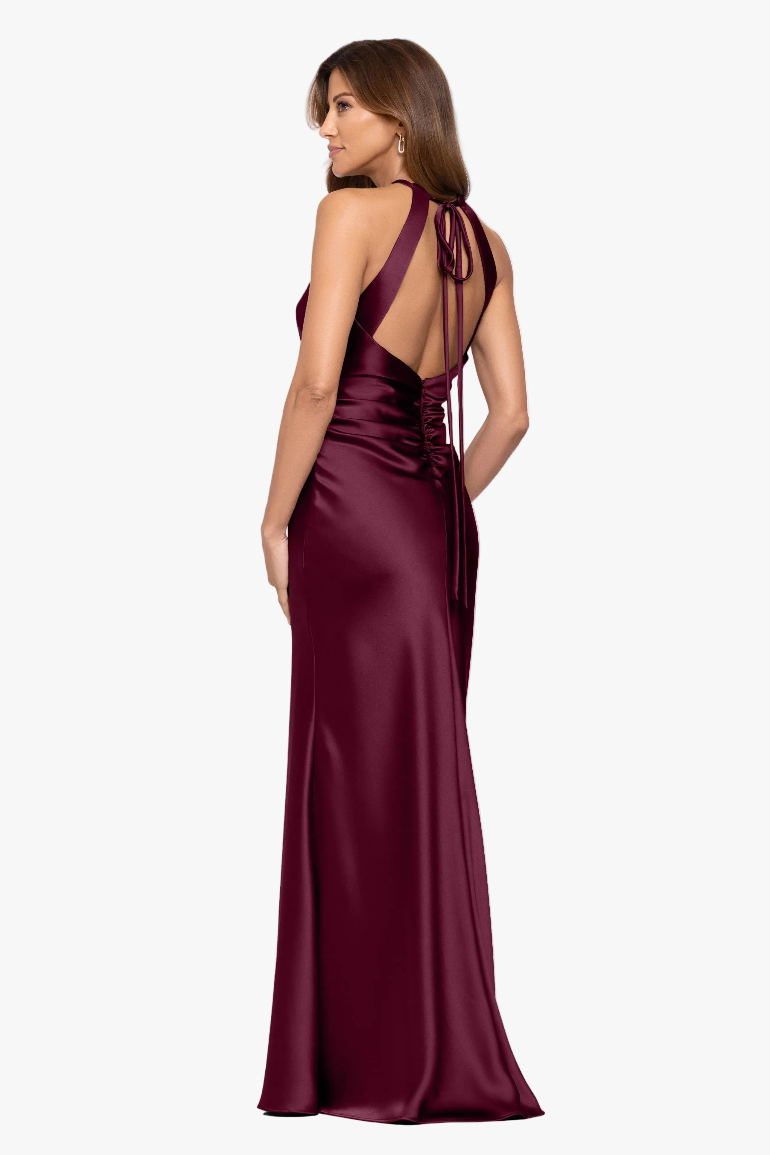 "Iliana" Satin Tie Neck Rouch Back Dress sold by Xscape product image thumbnail 3