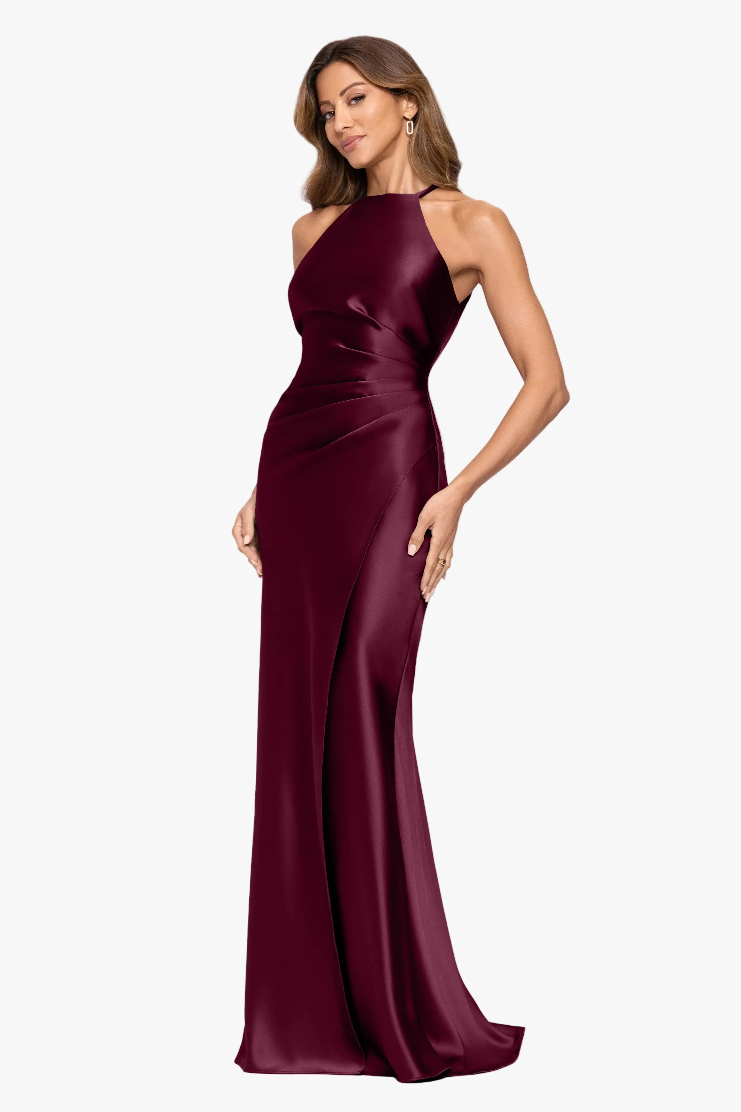 "Iliana" Satin Tie Neck Rouch Back Dress sold by Xscape product image thumbnail 4