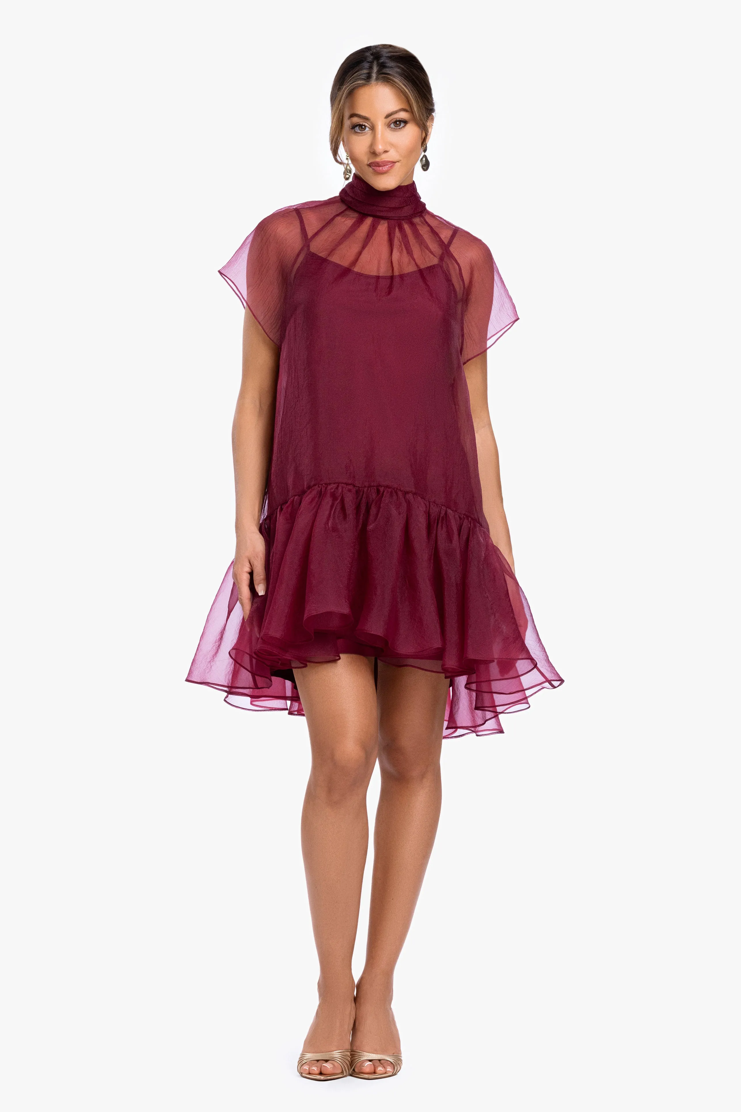 "Shauna" Organza Shift Mock Neck Short Dress sold by Xscape