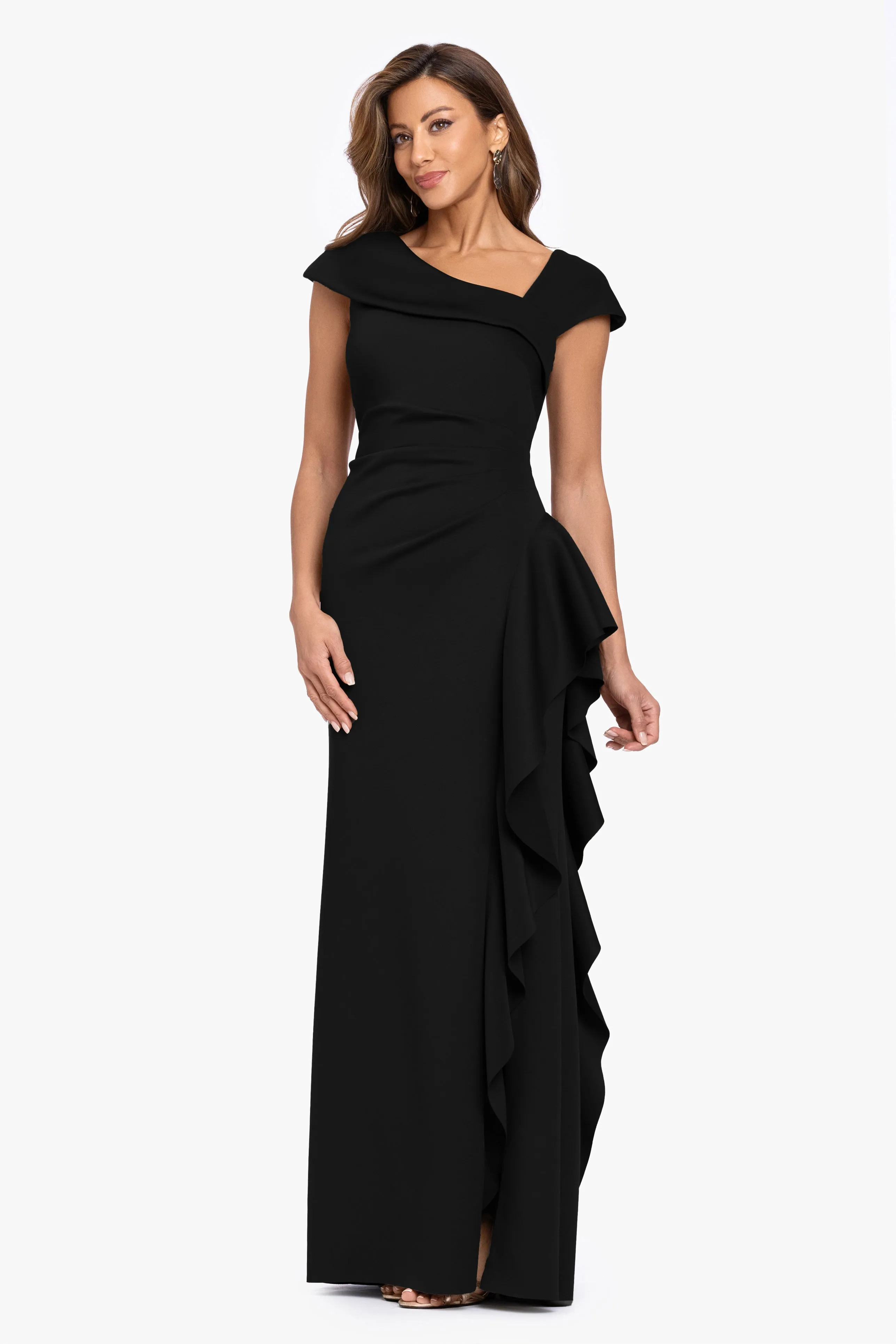 Petite "Rory" Techno Scuba Asymmetrical Side Ruffle Dress sold by Xscape product image thumbnail 4