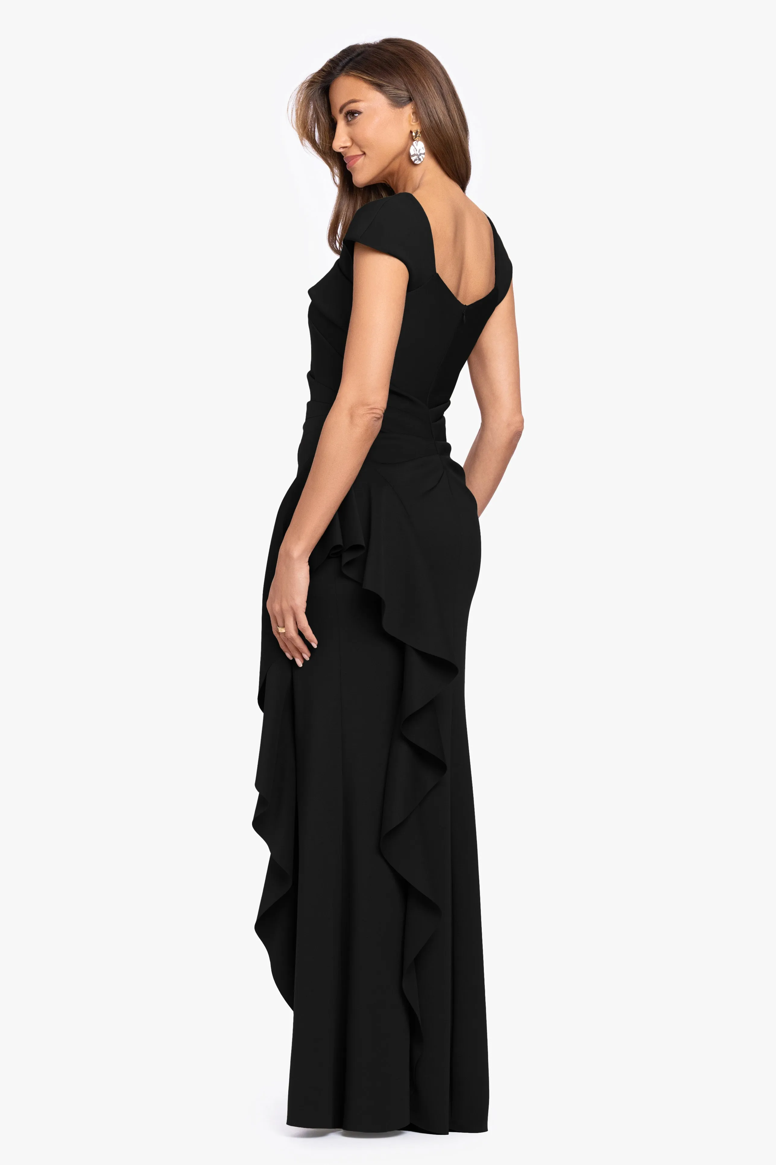 Petite "Rory" Techno Scuba Asymmetrical Side Ruffle Dress sold by Xscape product image thumbnail 3