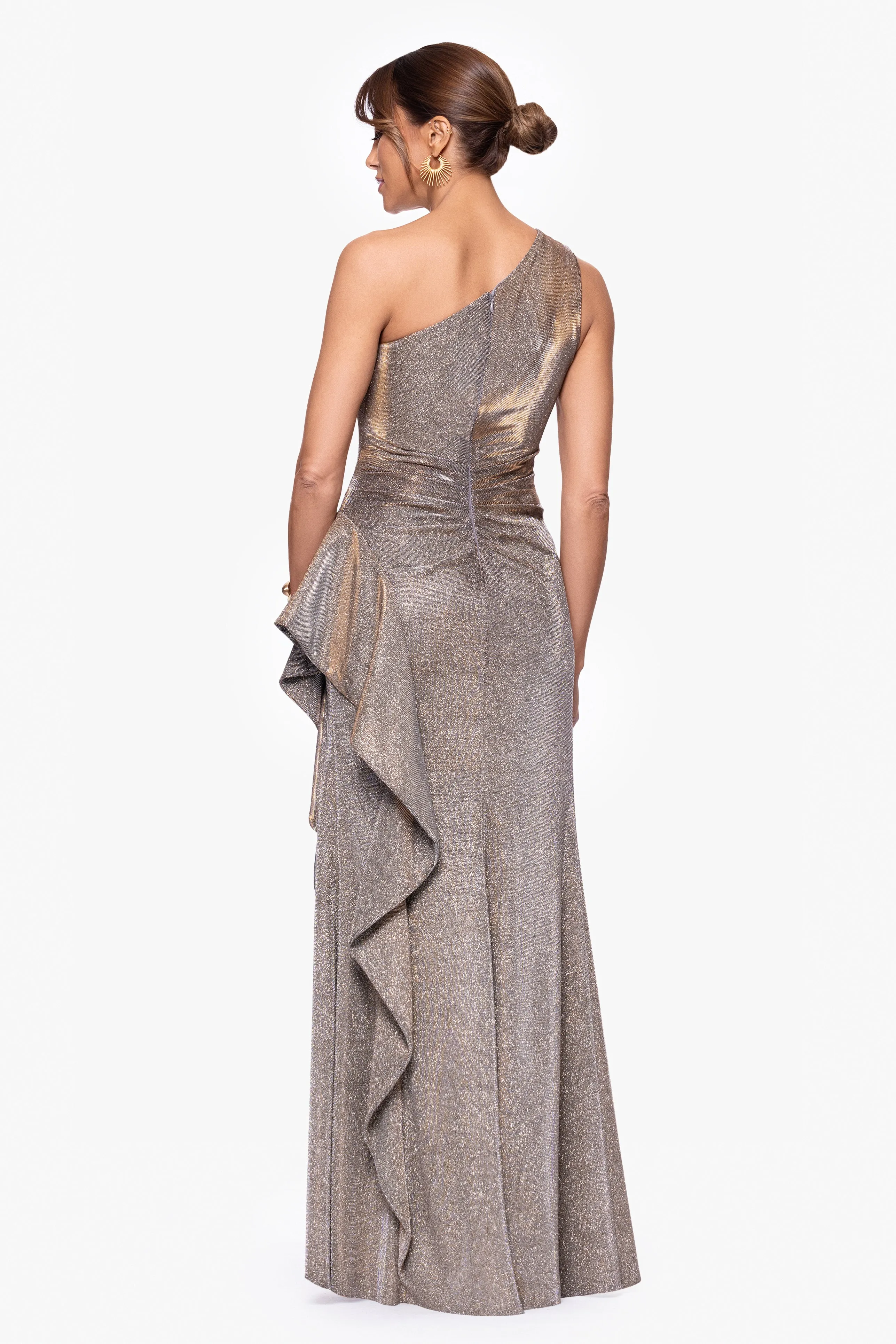 "Shannon" Galaxy Glitter One Shoulder Ruffle Dress sold by Xscape product image thumbnail 3