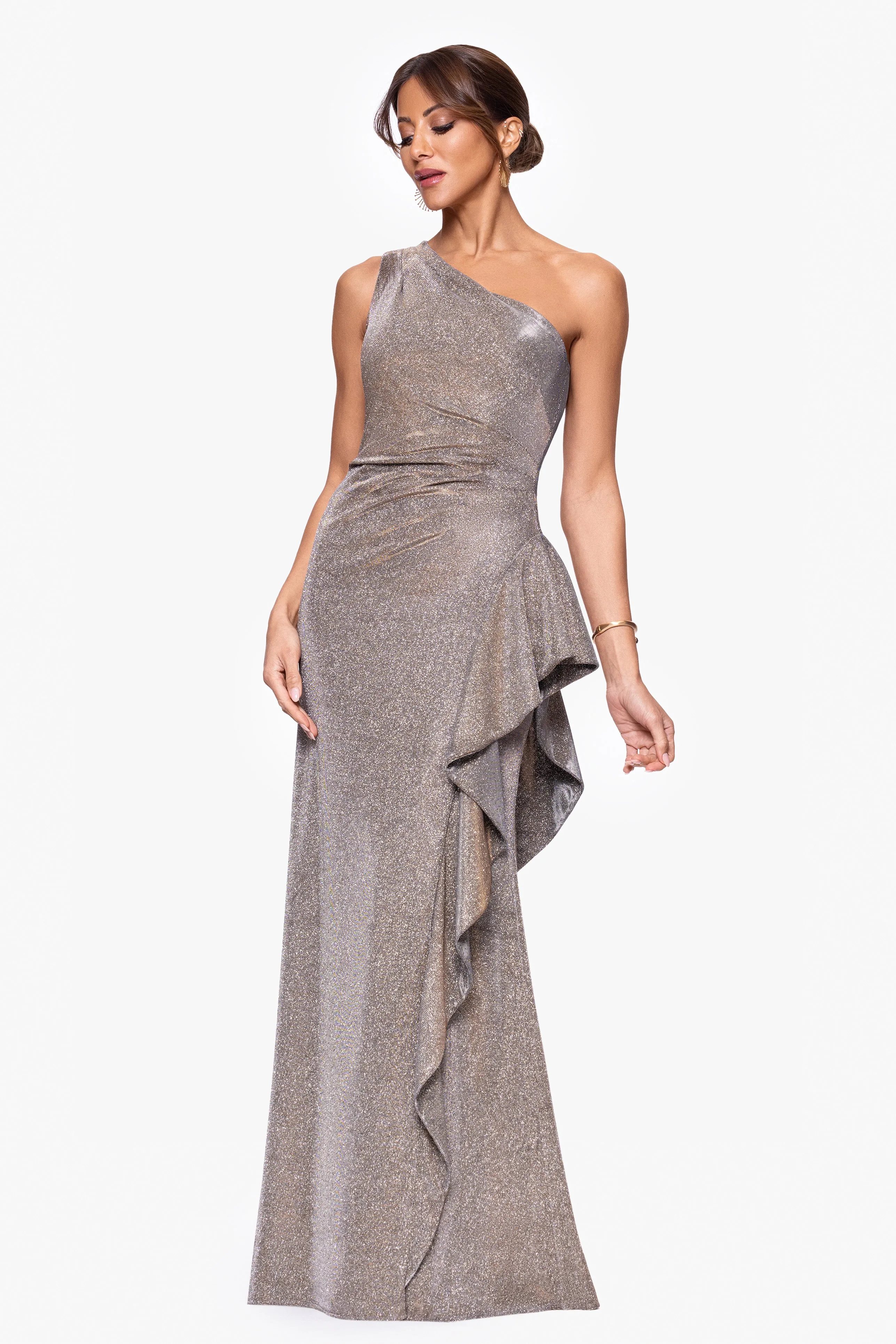 "Shannon" Galaxy Glitter One Shoulder Ruffle Dress sold by Xscape product image thumbnail 4