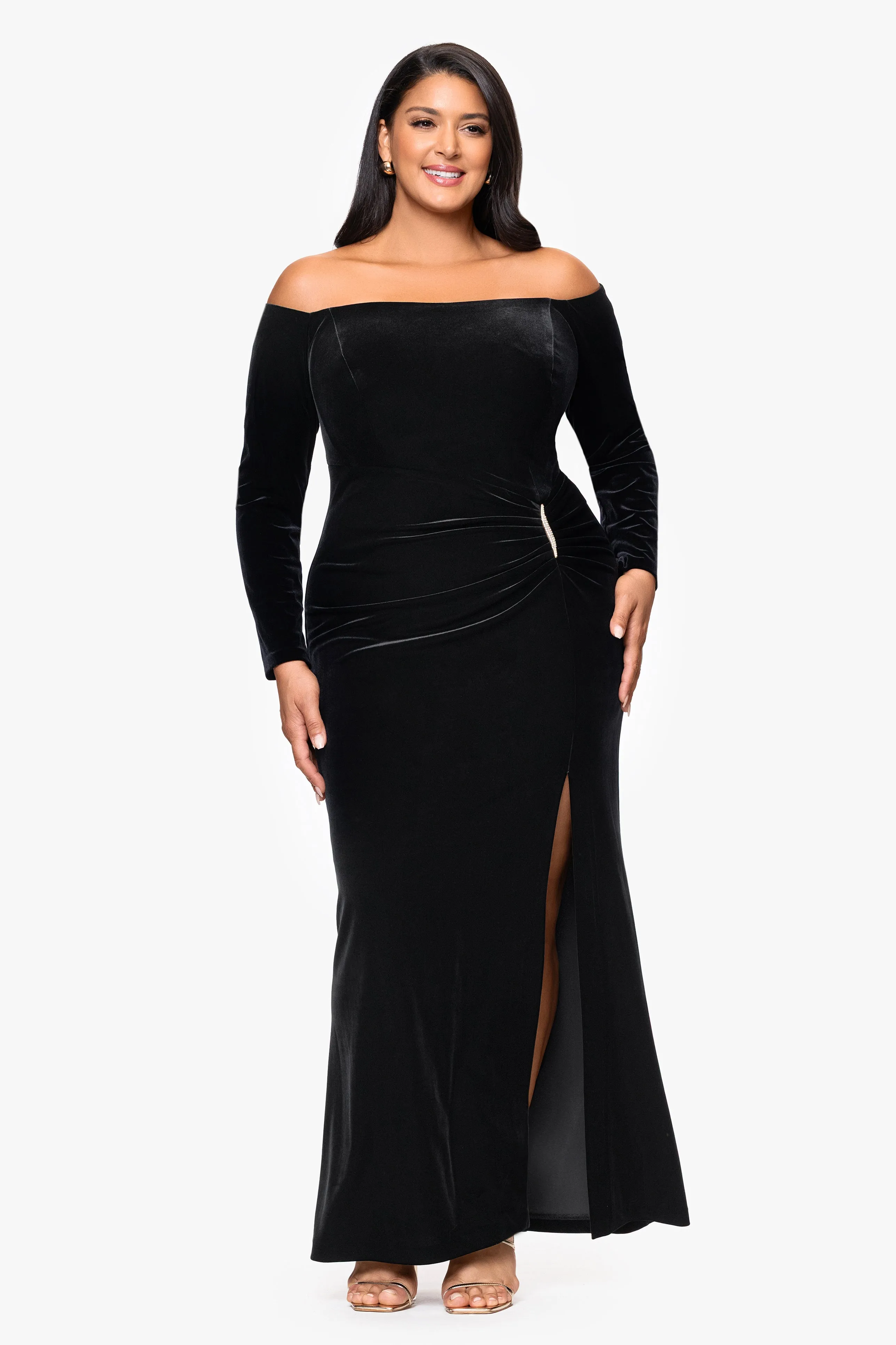 Plus "Danni" Velvet Off The Shoulder Long Sleeve Dress sold by Xscape product image thumbnail 4