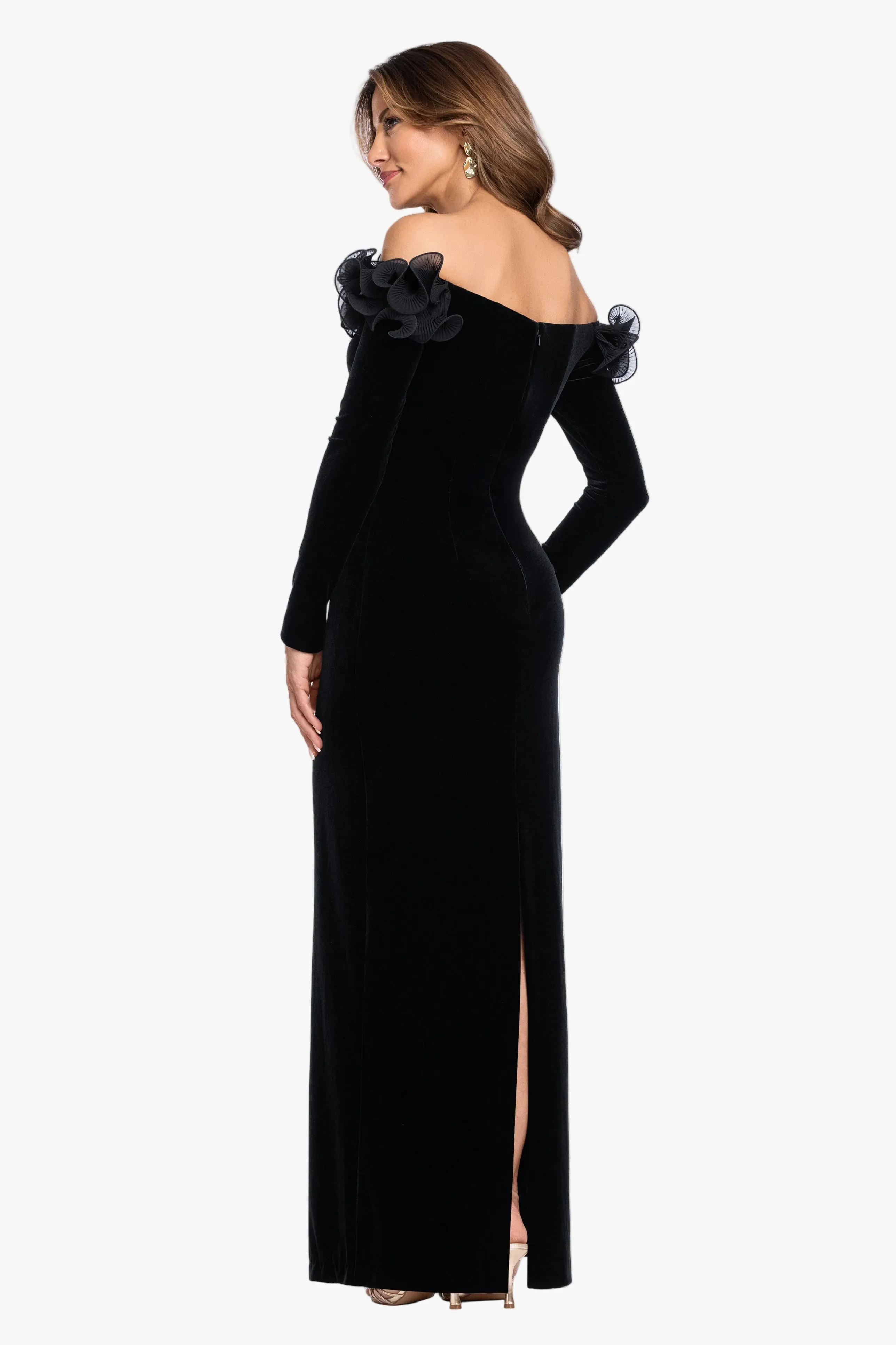 "Brennan" Velvet Long Sleeve Off Shoulder Ruffle Dress sold by Xscape product image thumbnail 3