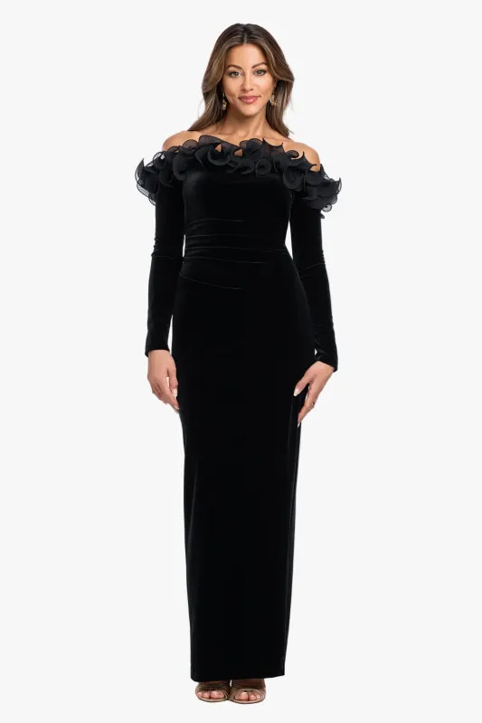 "Brennan" Velvet Long Sleeve Off Shoulder Ruffle Dress made by Xscape