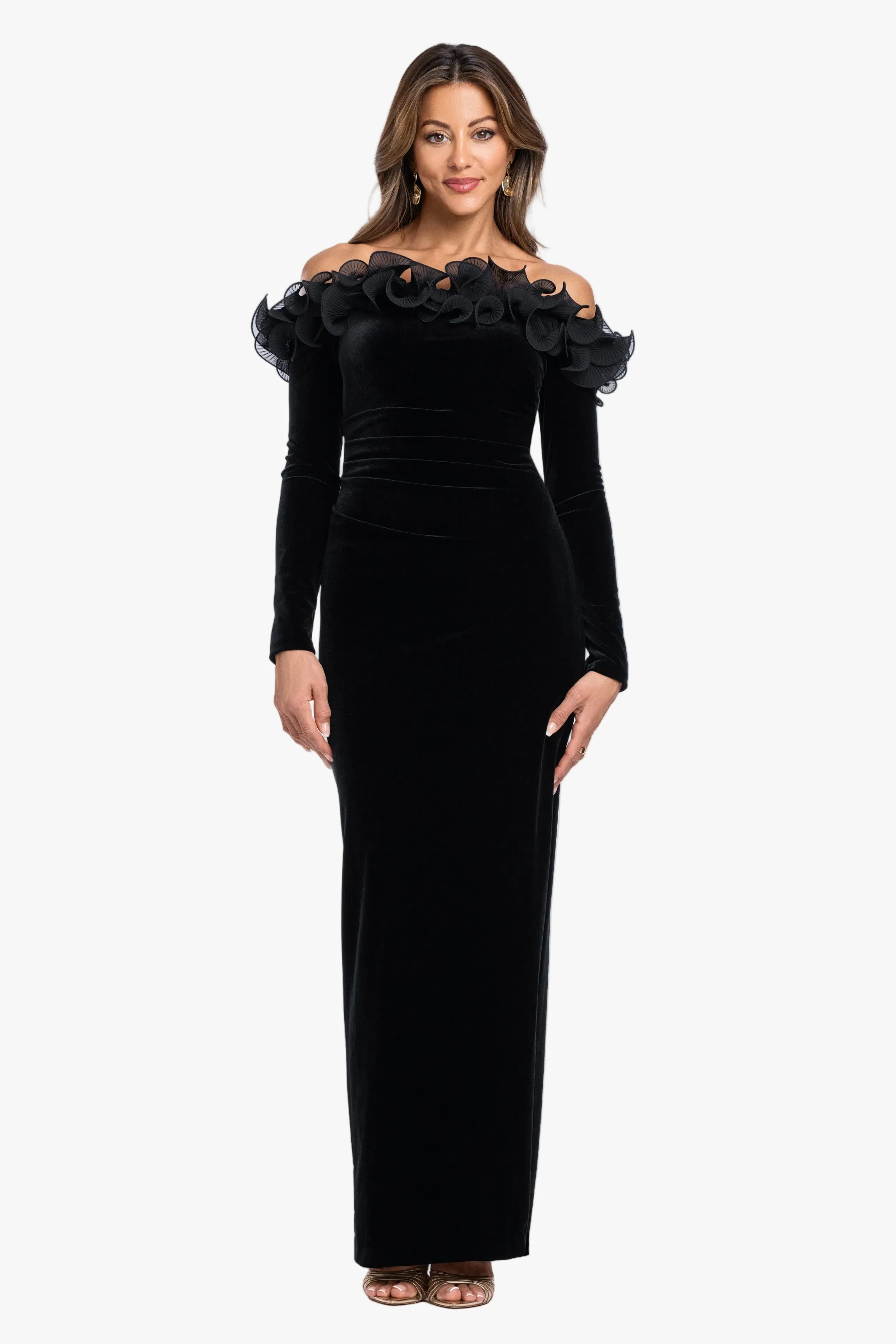 "Brennan" Velvet Long Sleeve Off Shoulder Ruffle Dress sold by Xscape