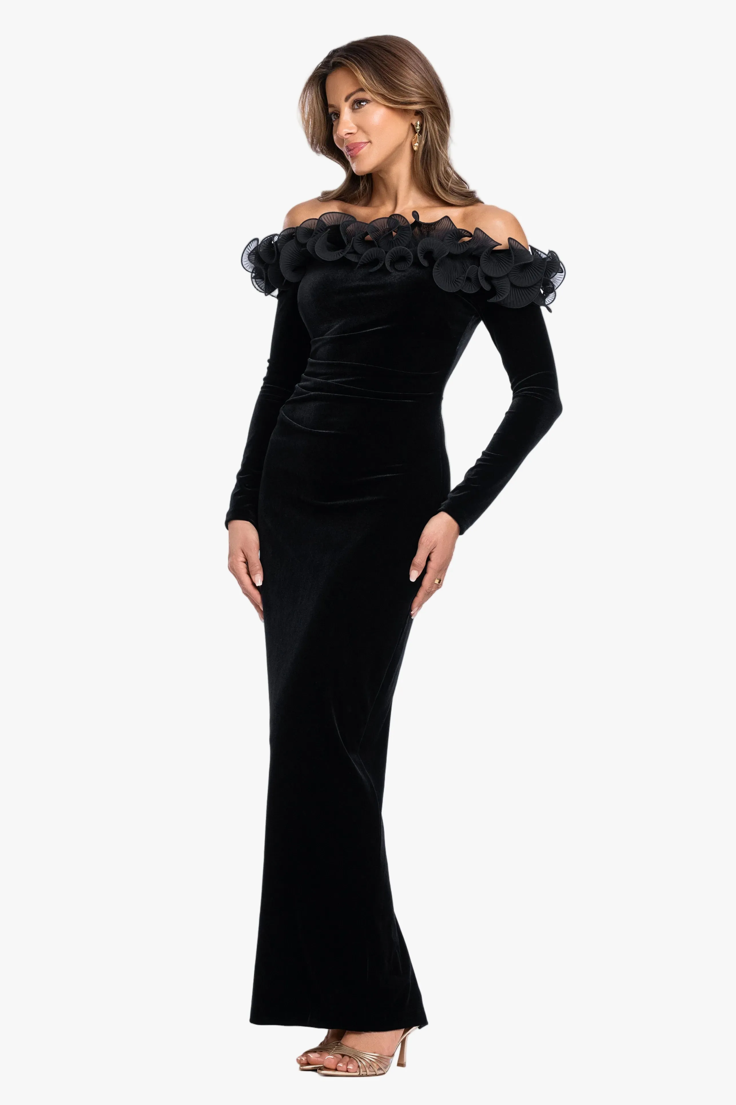 "Brennan" Velvet Long Sleeve Off Shoulder Ruffle Dress sold by Xscape product image thumbnail 4