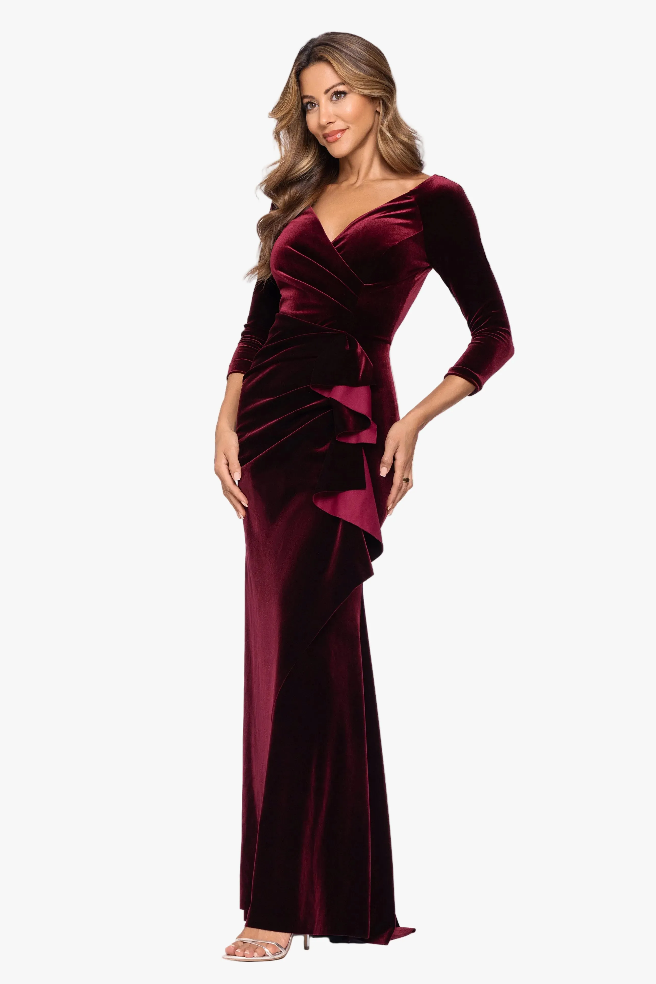 "Shae" Velvet Ruffle Front Long Sleeve Dress sold by Xscape product image thumbnail 4