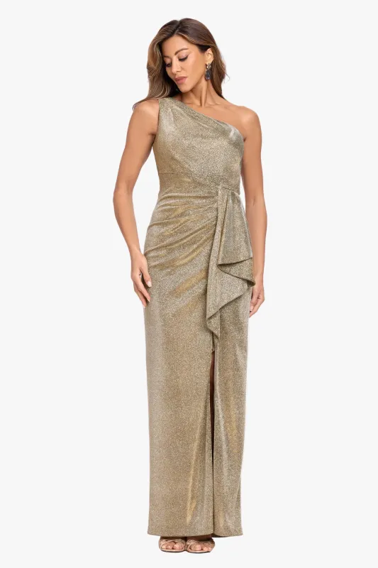 "Misha" Glitter Knit One Shoulder Side Ruffle Dress made by Xscape