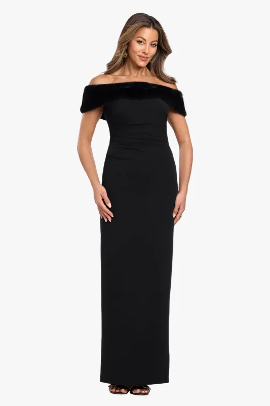 "Madeline" Scuba Crepe Off Shoulder & Faux Fur Neckline Dress made by Xscape