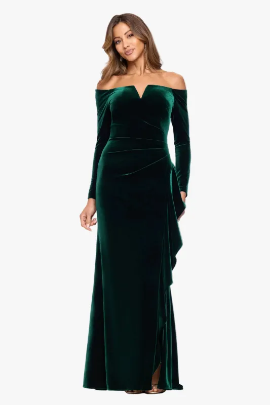 "Marissa" Velvet Off Shoulder Side Ruffle Dress made by Xscape