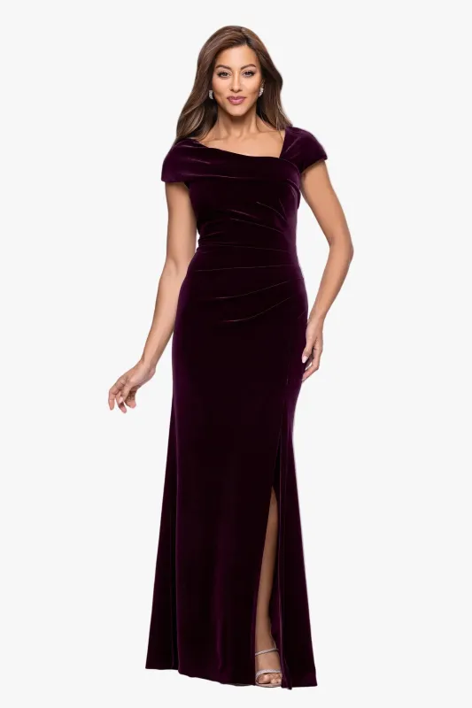 "Katrina" Velvet Asymmetrical Neckline Cap Sleeve Dress made by Xscape