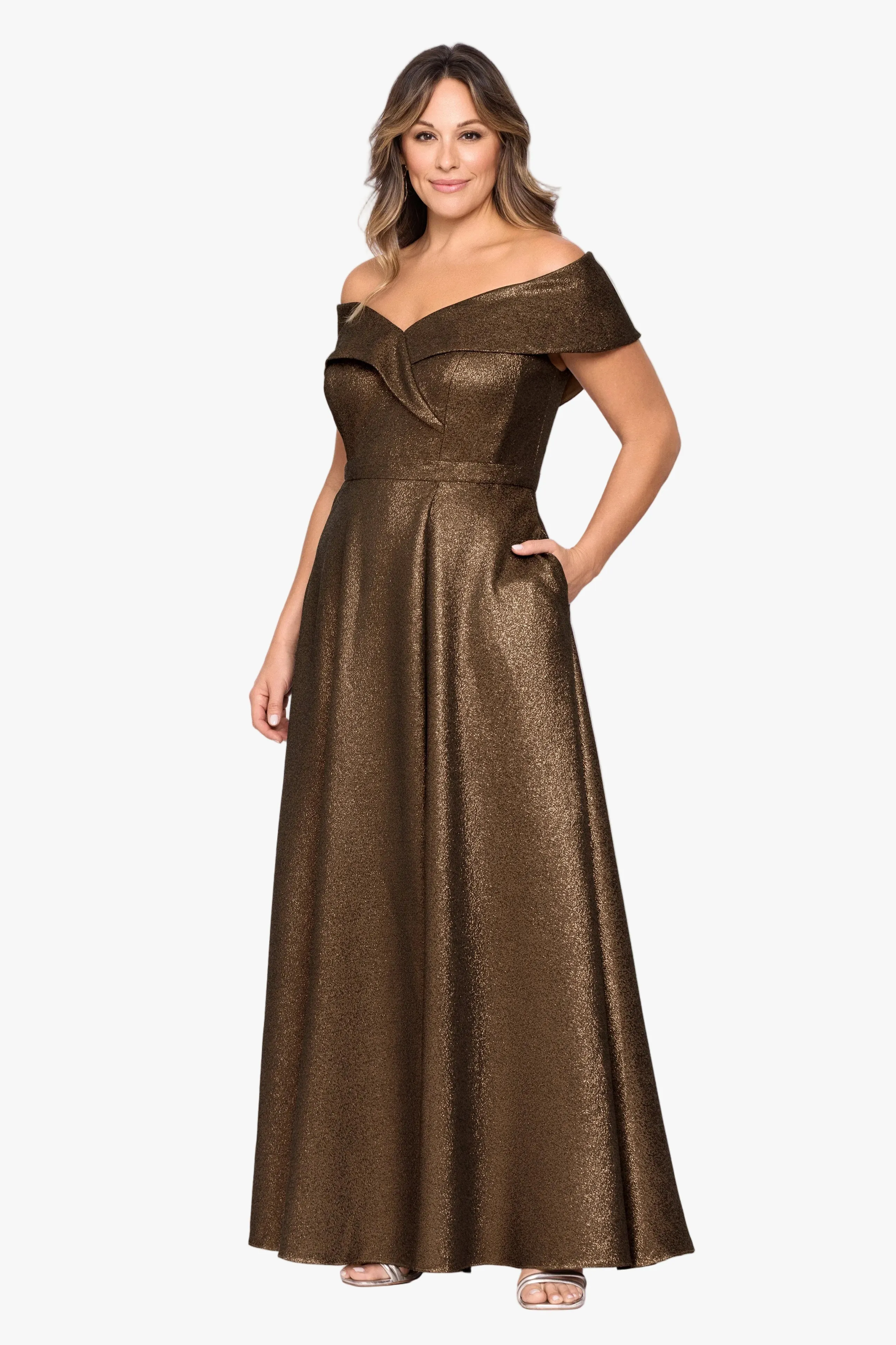 Plus "Julien" Metallic Jacquard Off Shoulder Gown sold by Xscape product image thumbnail 4