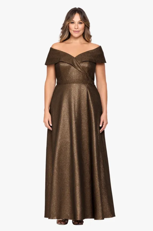 Plus "Julien" Metallic Jacquard Off Shoulder Gown made by Xscape
