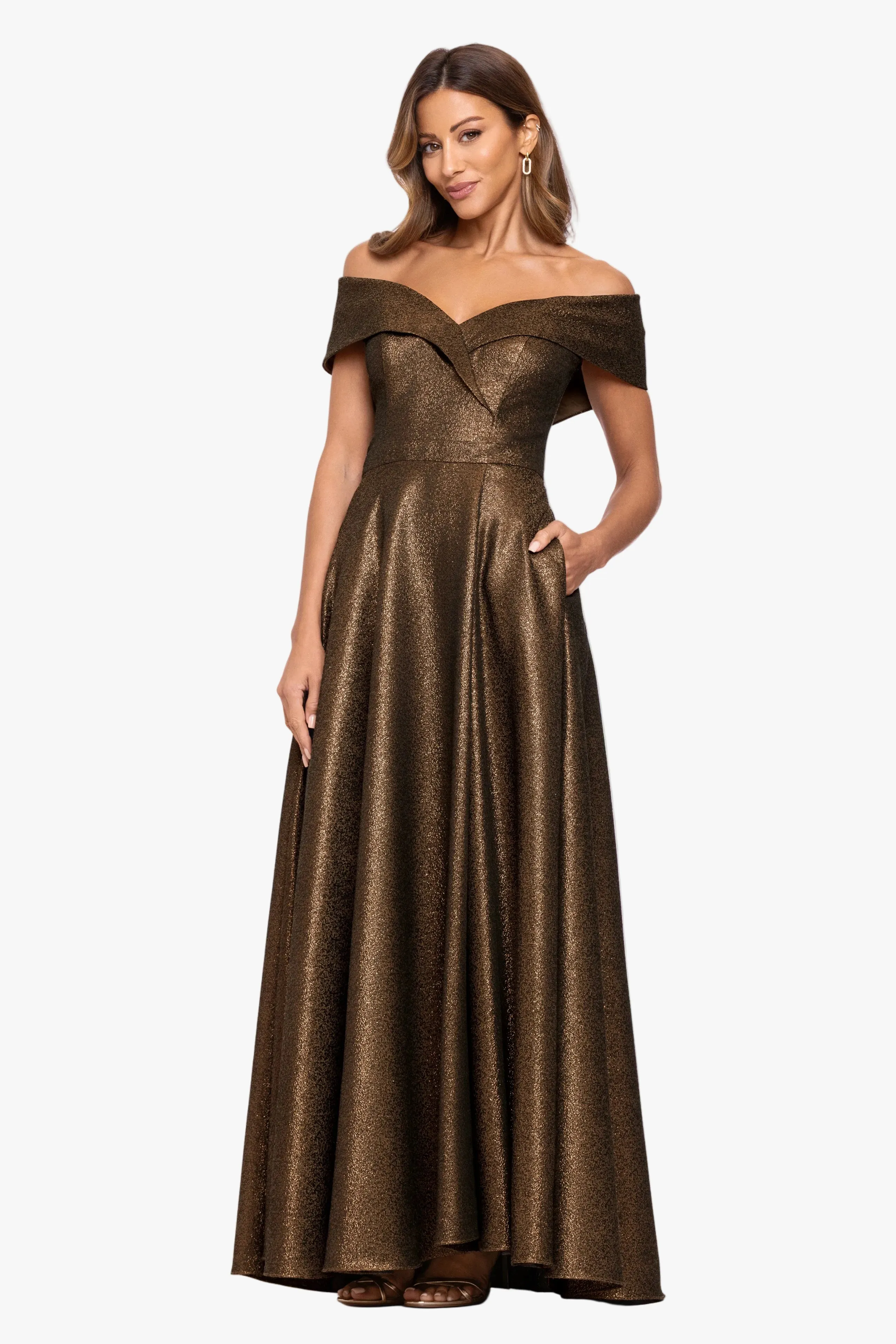 "Julien" Metallic Jacquard Off Shoulder Gown sold by Xscape product image thumbnail 5